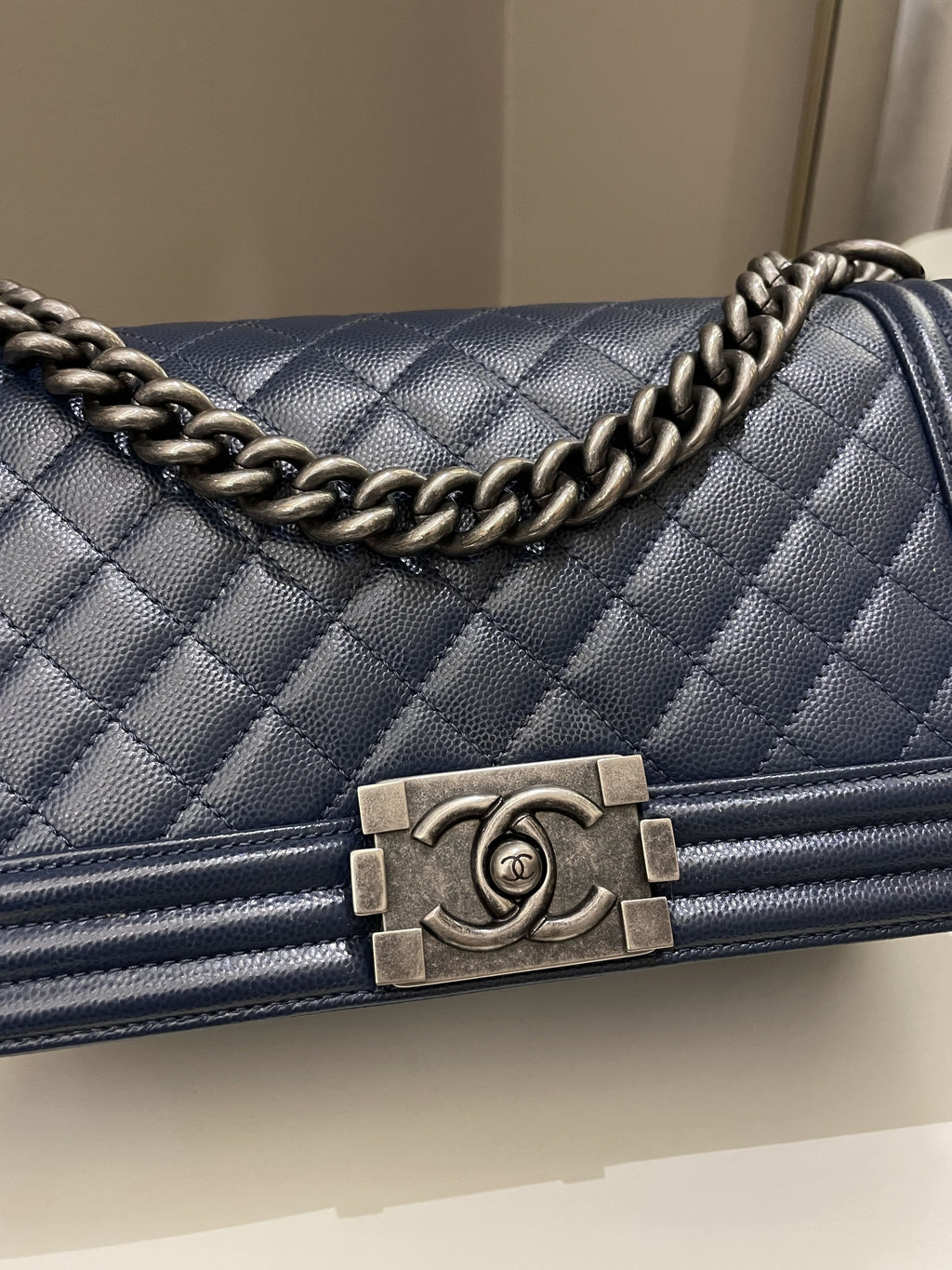 Chanel Quilted Boy Old Medium Navy Caviar