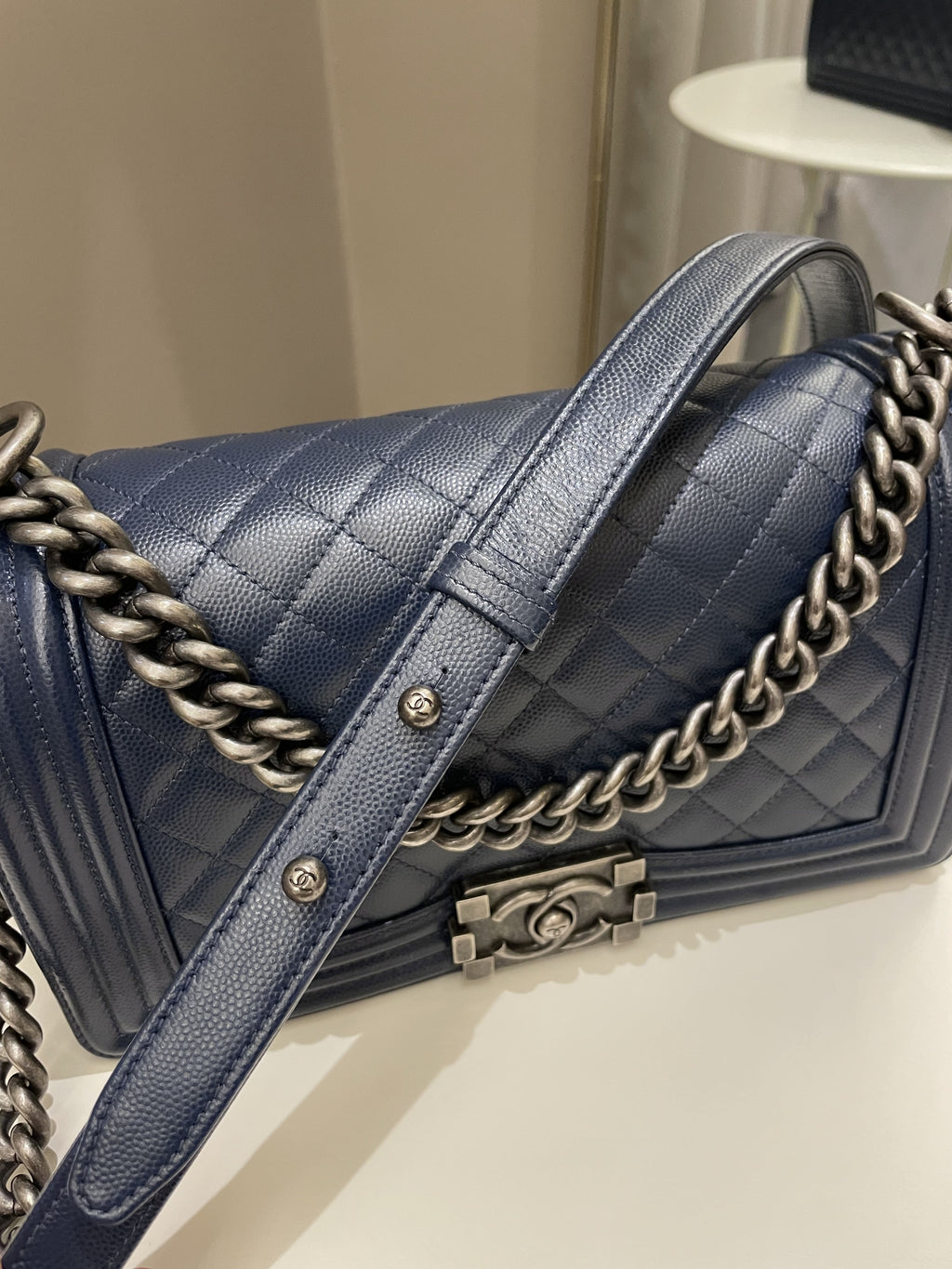 Chanel Quilted Boy Old Medium Navy Caviar