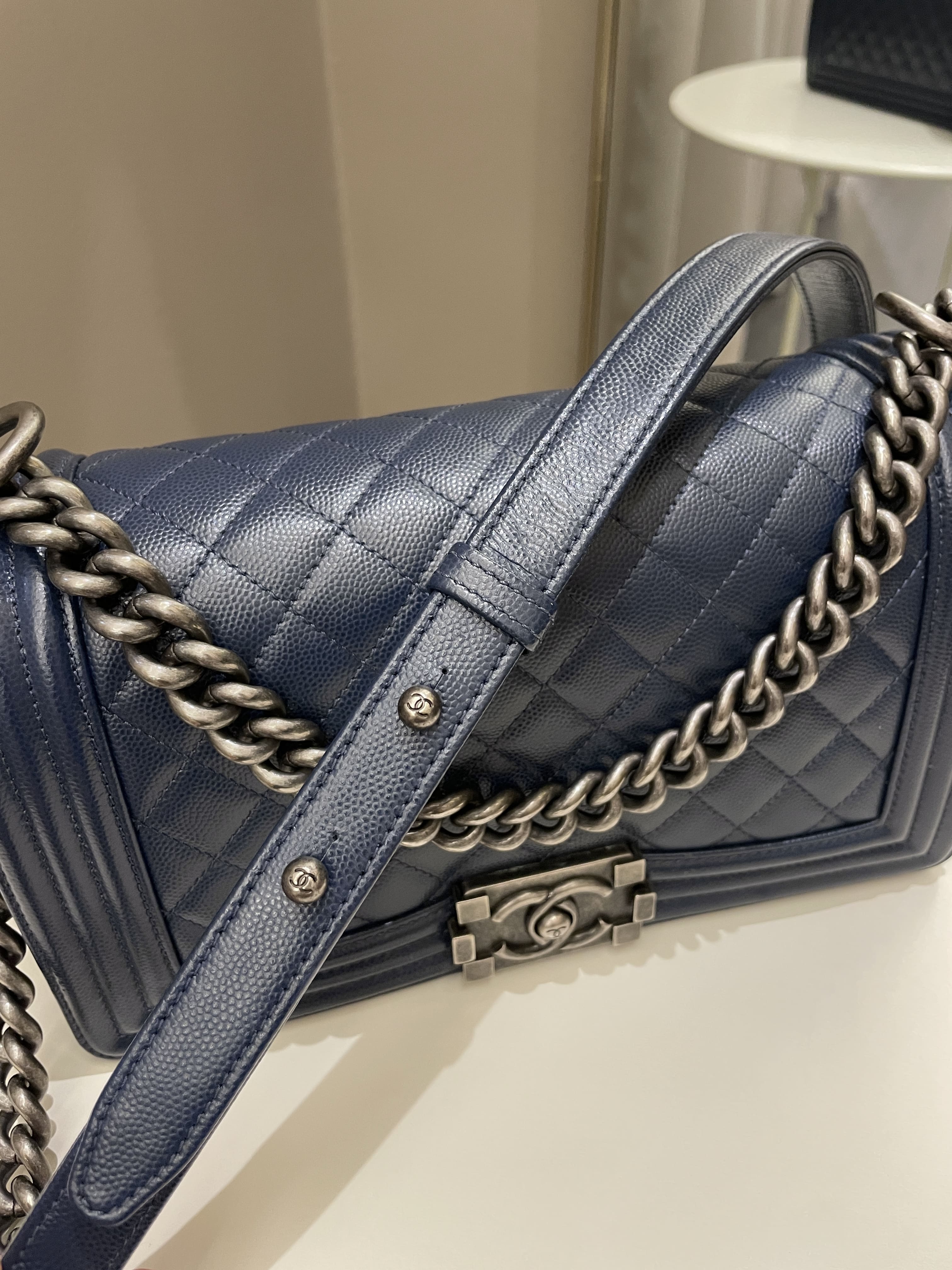 Chanel Quilted Boy Old Medium Navy Caviar