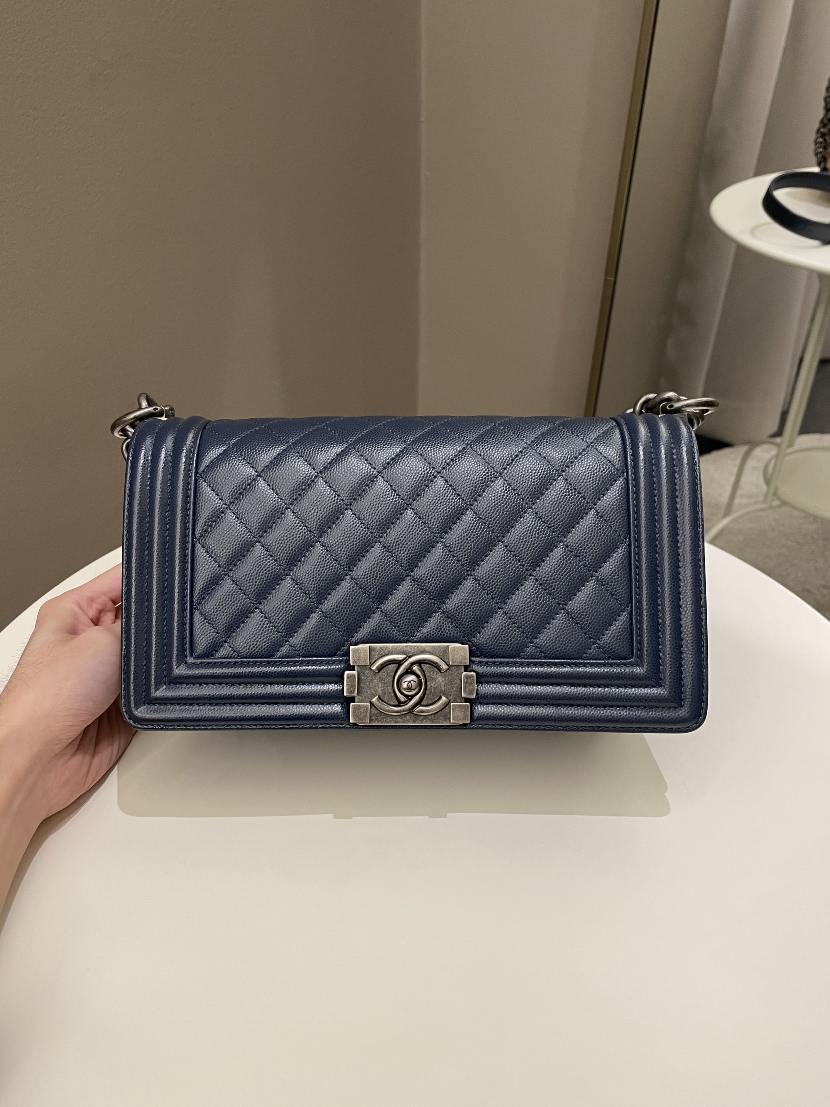 Chanel Quilted Boy Old Medium Navy Caviar