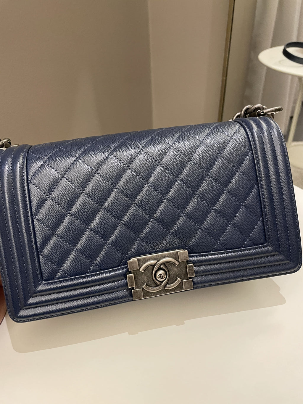 Chanel Quilted Boy Old Medium Navy Caviar