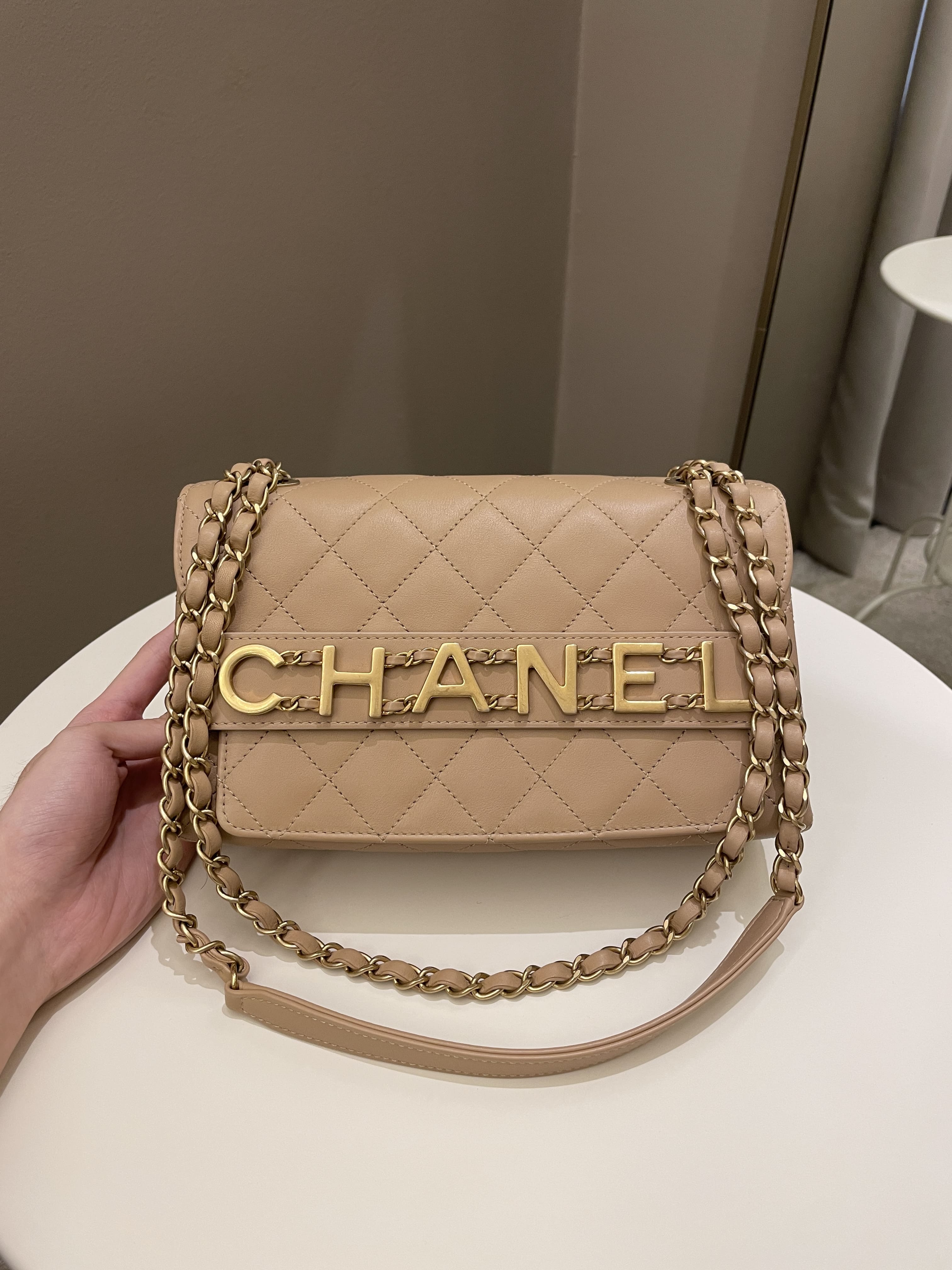Chanel C H A N E L Lettering Flap Dark Beige Calfskin