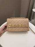 Chanel C H A N E L Lettering Flap Dark Beige Calfskin