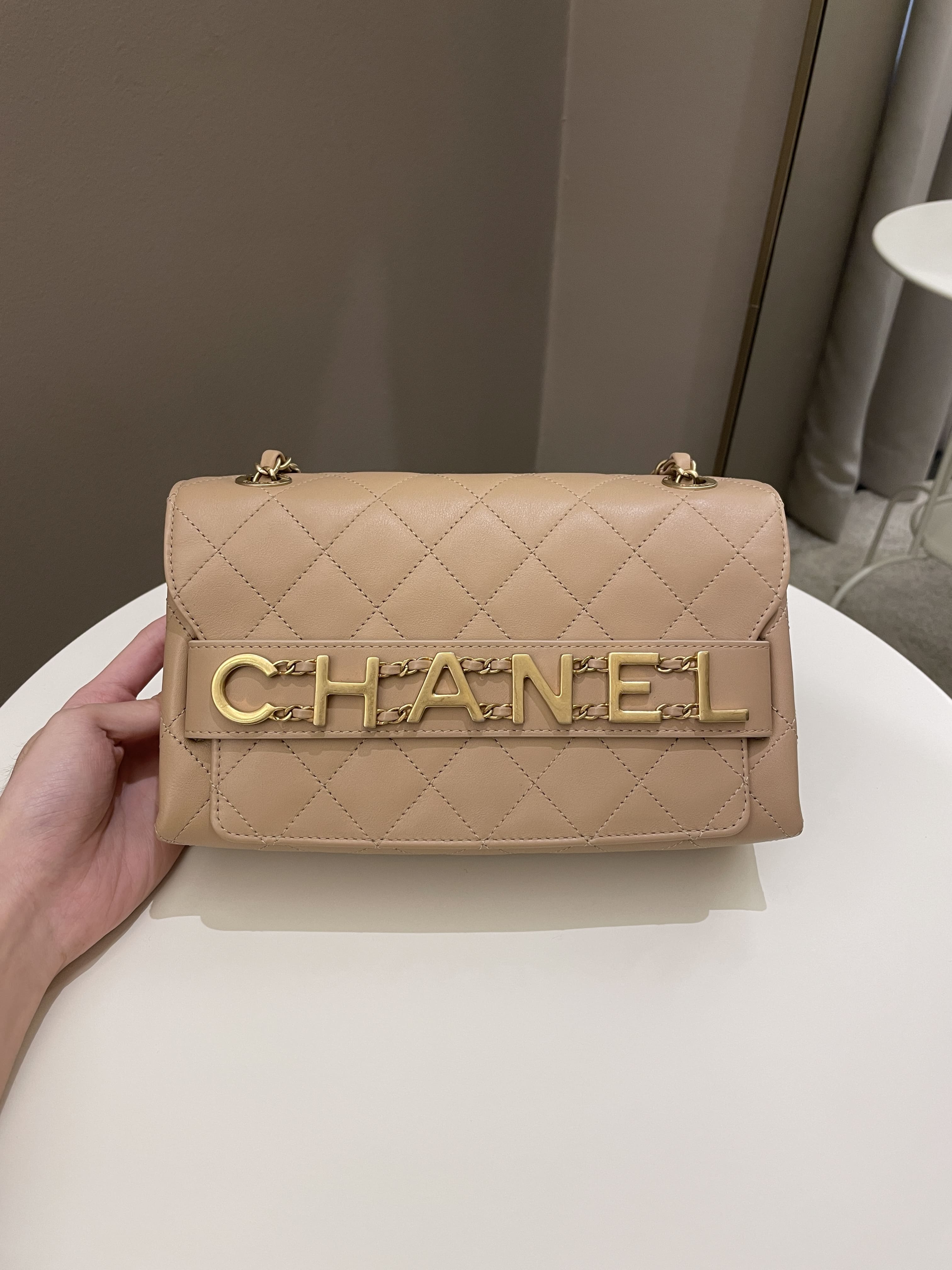 Chanel C H A N E L Lettering Flap Dark Beige Calfskin