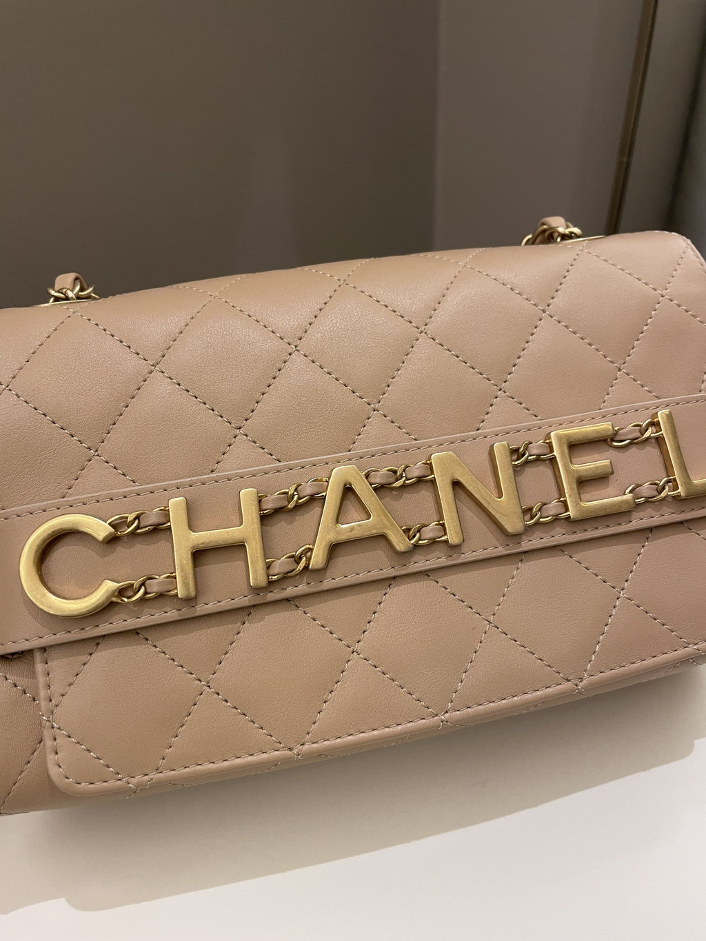 Chanel C H A N E L Lettering Flap Dark Beige Calfskin