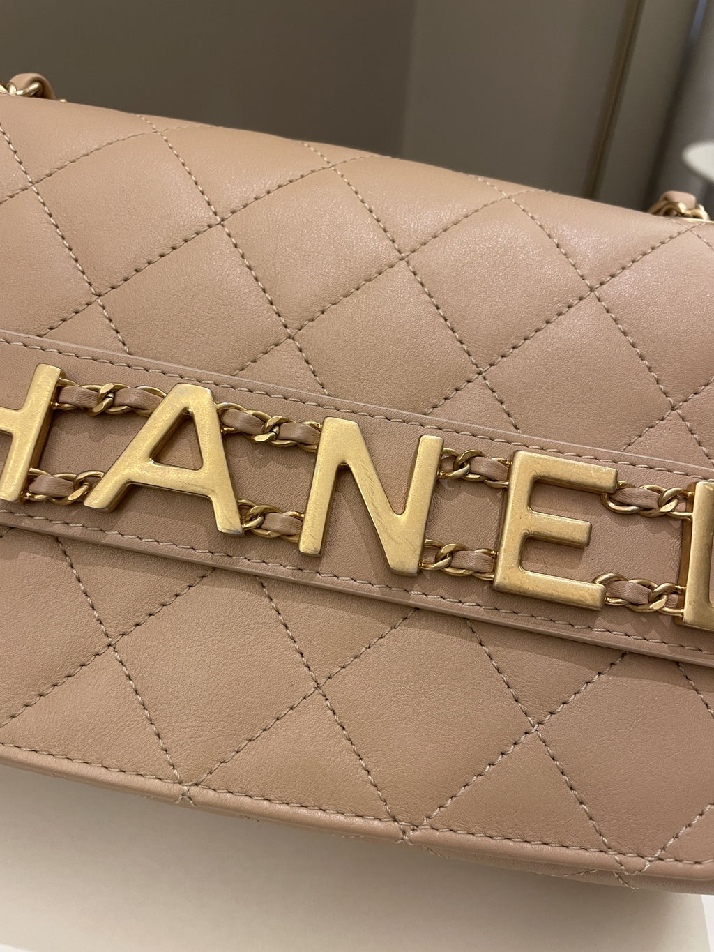 Chanel C H A N E L Lettering Flap Dark Beige Calfskin