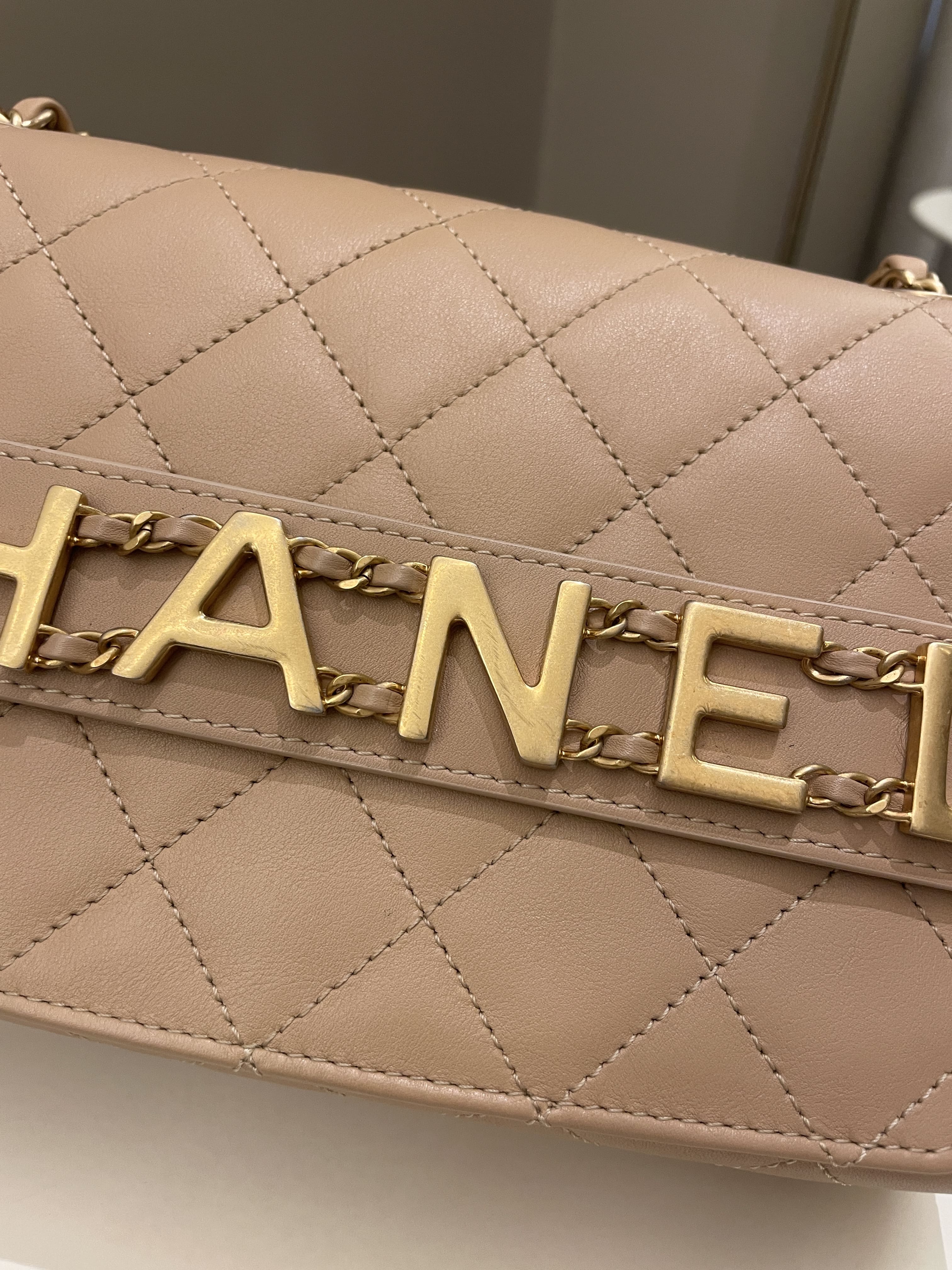Chanel C H A N E L Lettering Flap Dark Beige Calfskin