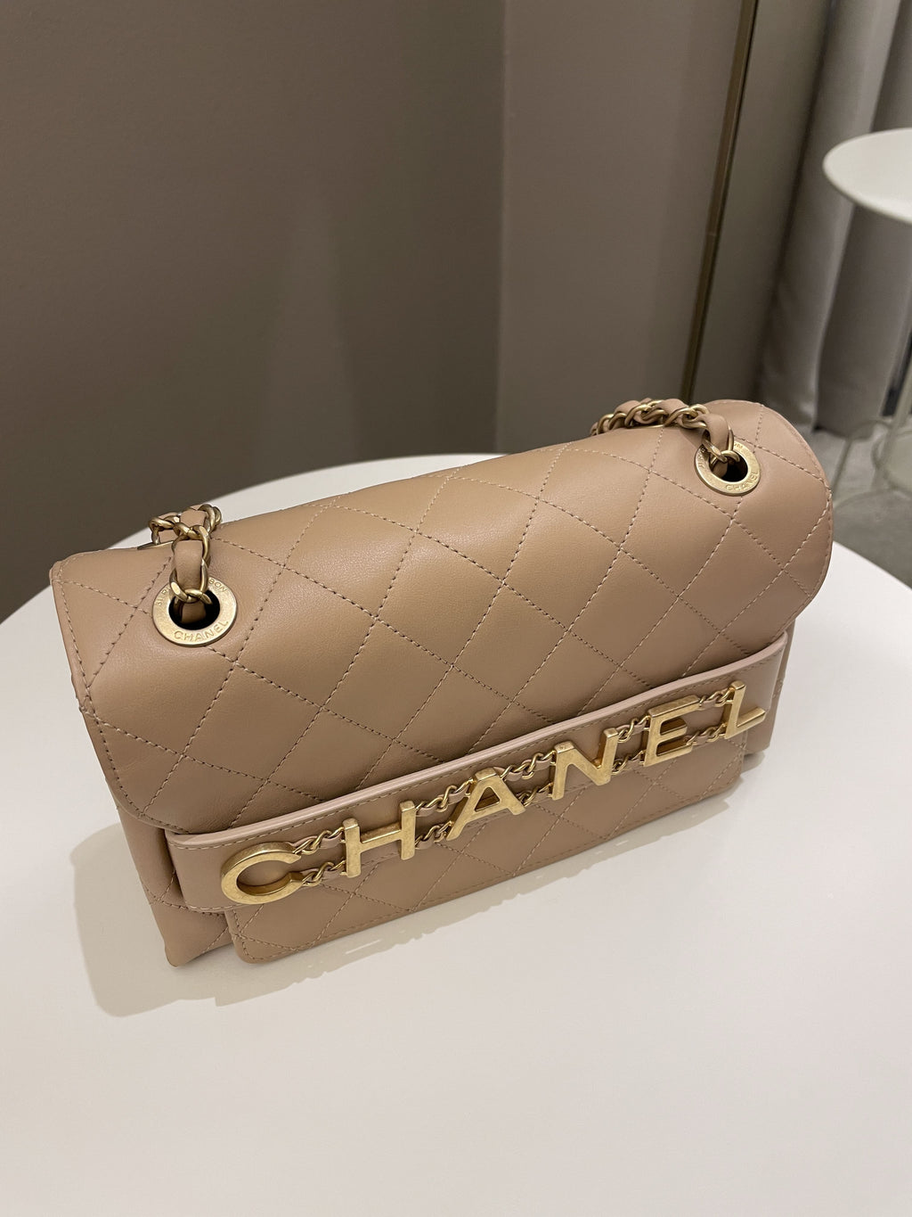 Chanel C H A N E L Lettering Flap Dark Beige Calfskin