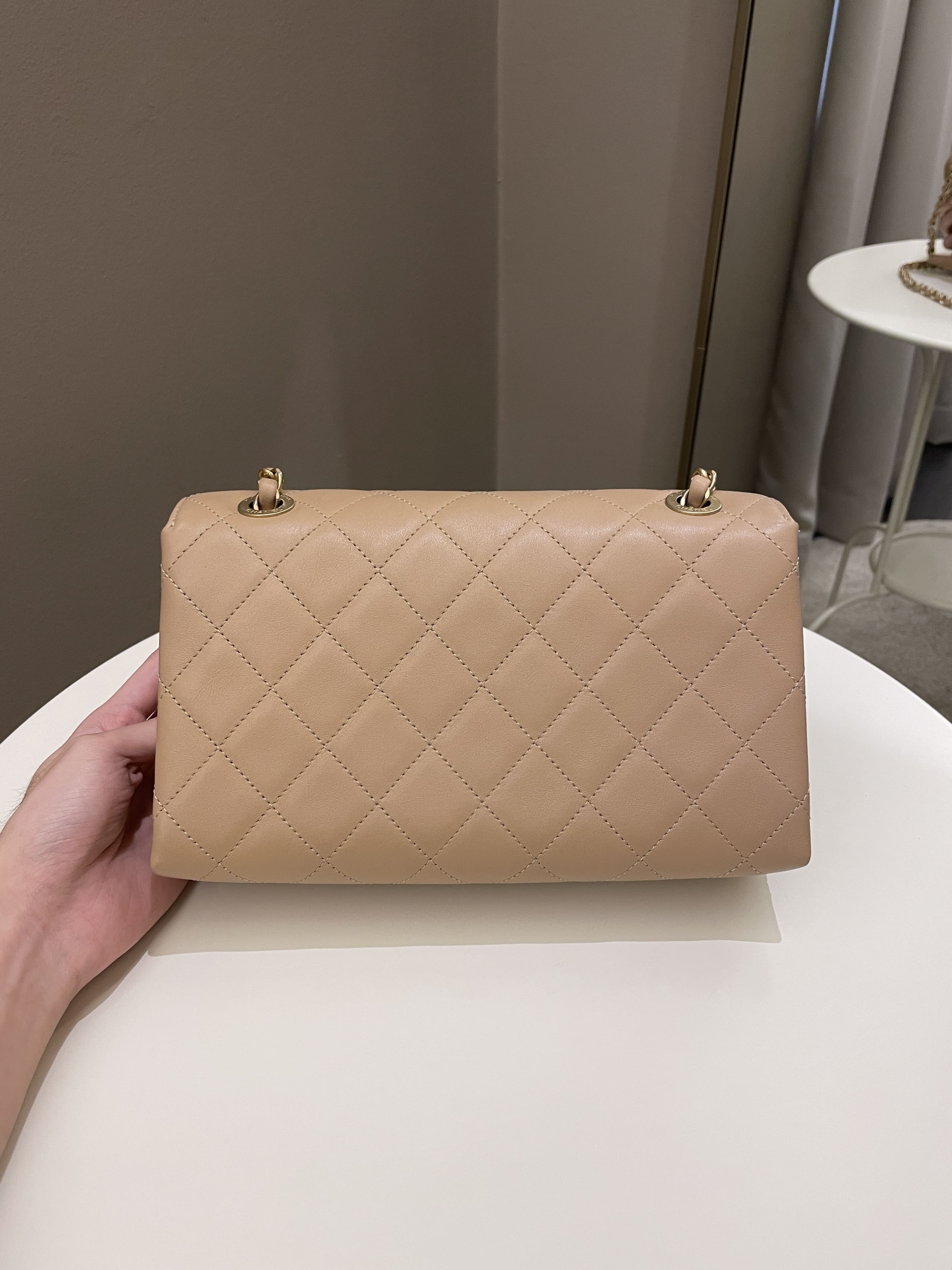Chanel C H A N E L Lettering Flap Dark Beige Calfskin