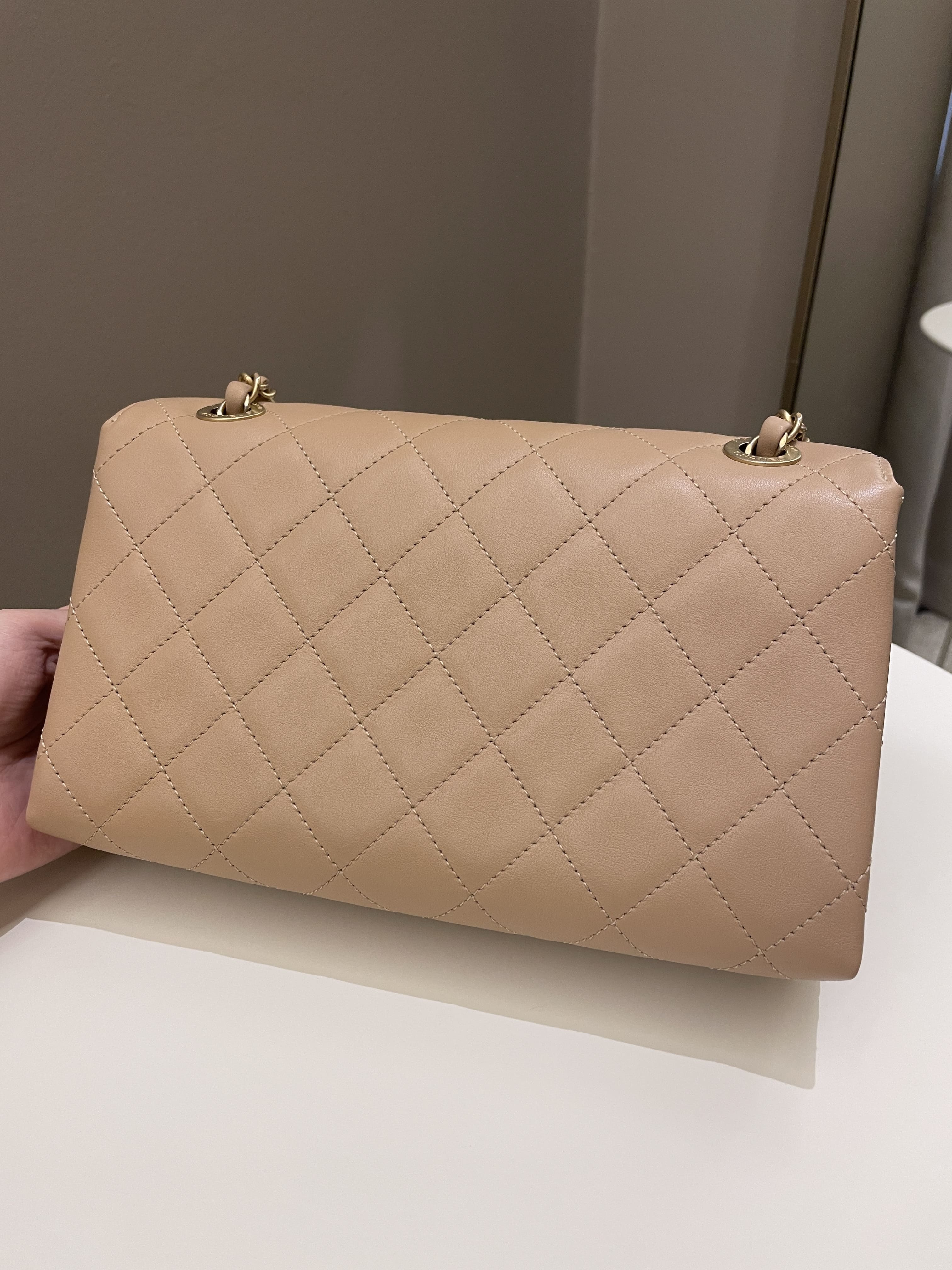 Chanel C H A N E L Lettering Flap Dark Beige Calfskin