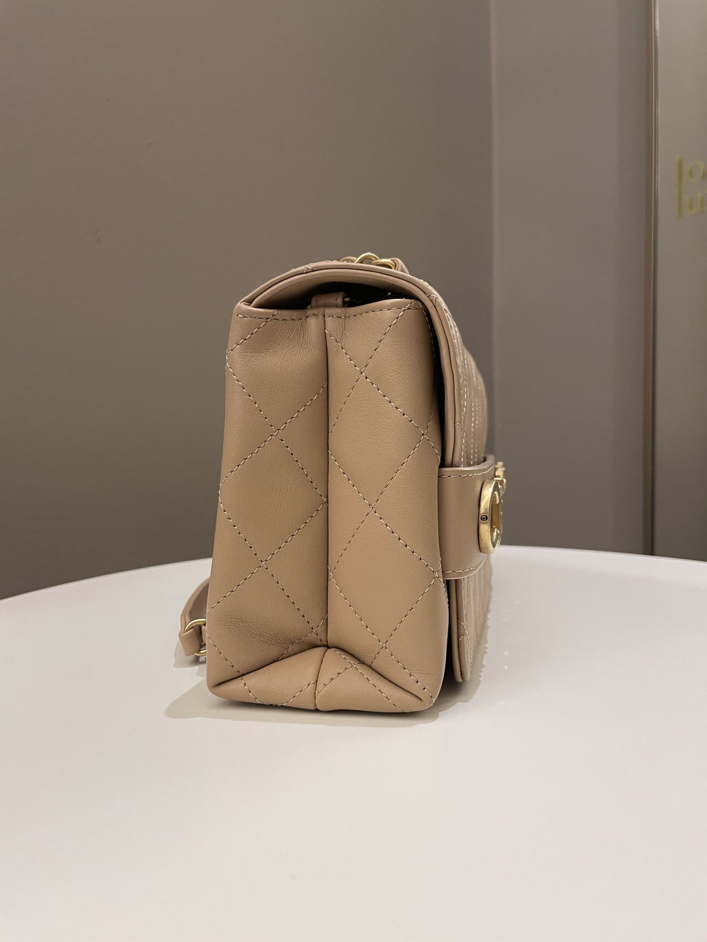 Chanel C H A N E L Lettering Flap Dark Beige Calfskin