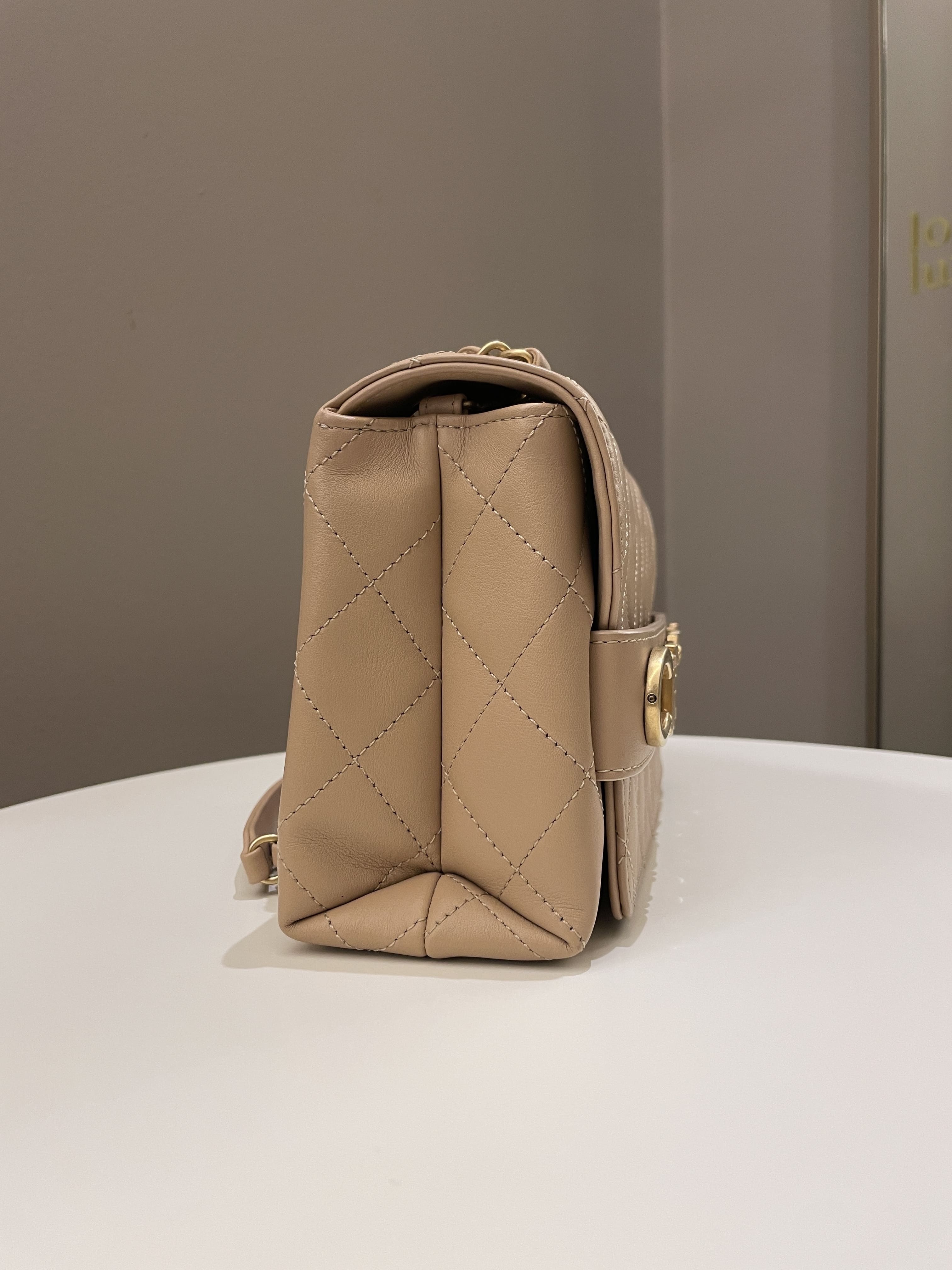 Chanel C H A N E L Lettering Flap Dark Beige Calfskin