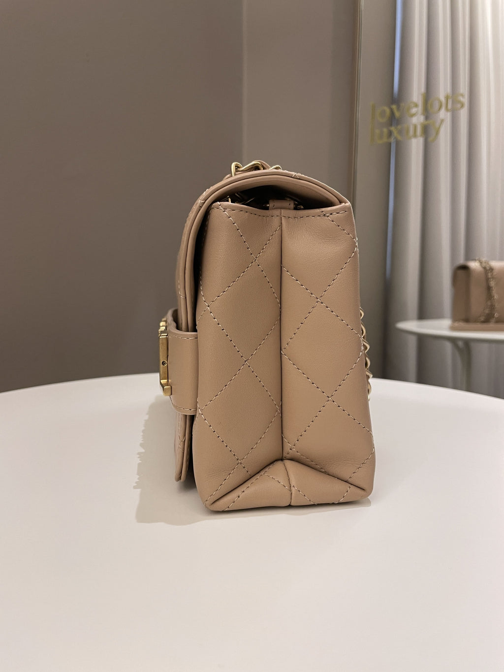 Chanel C H A N E L Lettering Flap Dark Beige Calfskin