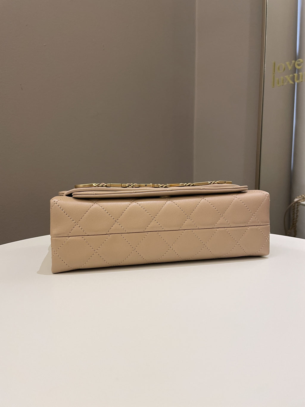 Chanel C H A N E L Lettering Flap Dark Beige Calfskin