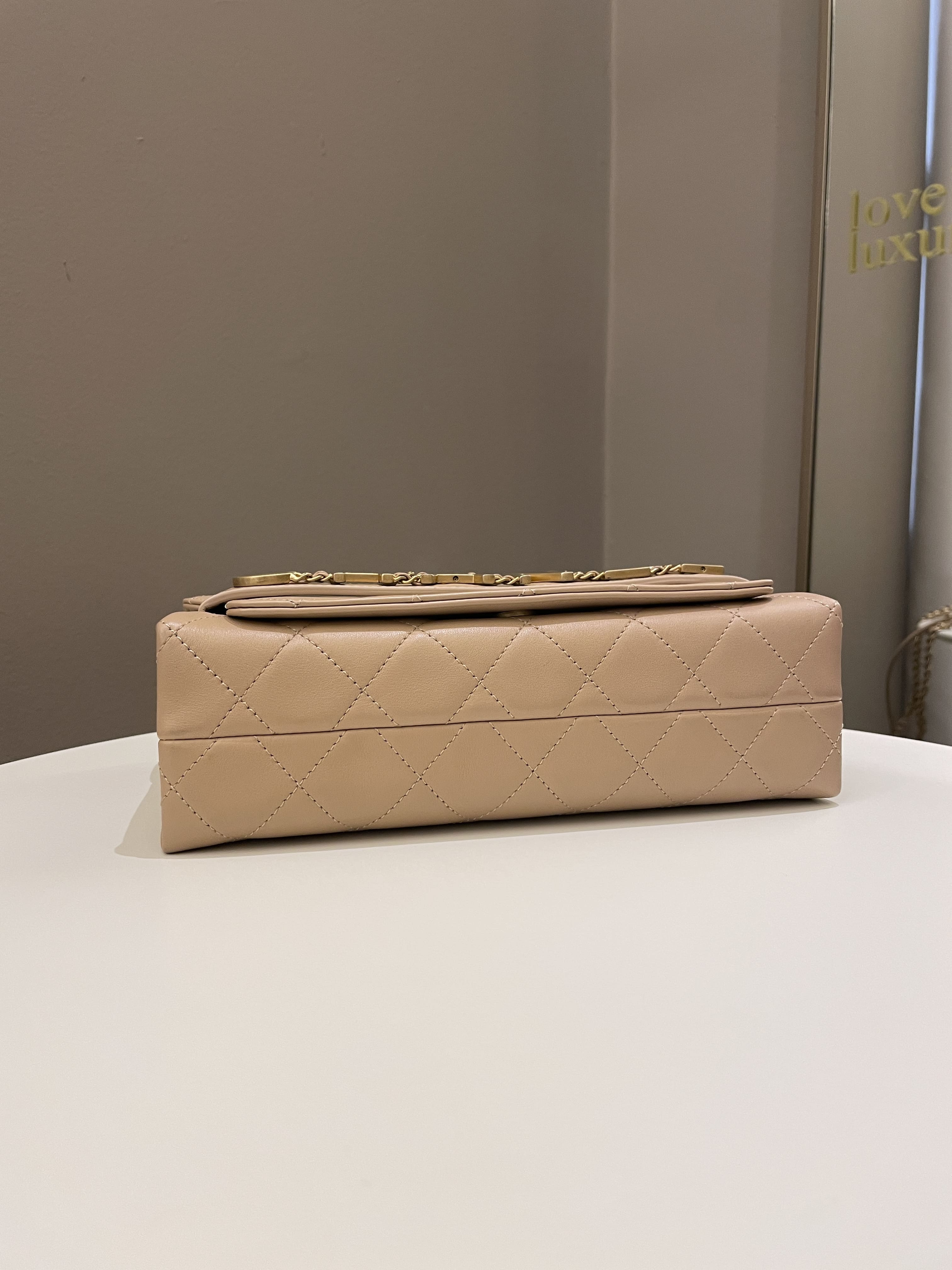 Chanel C H A N E L Lettering Flap Dark Beige Calfskin