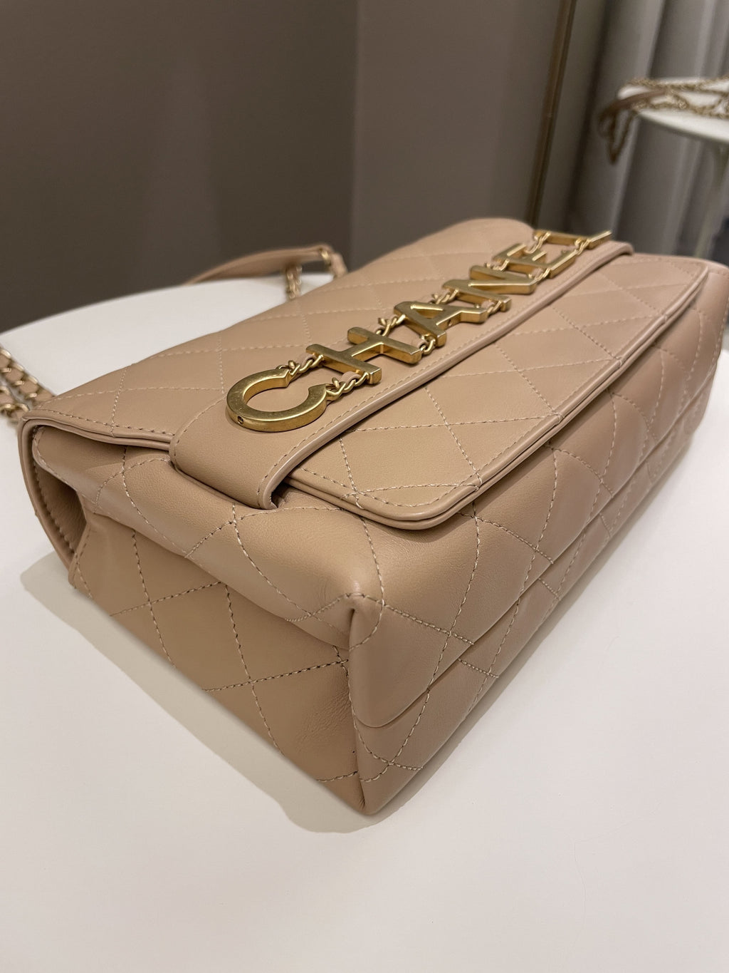 Chanel C H A N E L Lettering Flap Dark Beige Calfskin