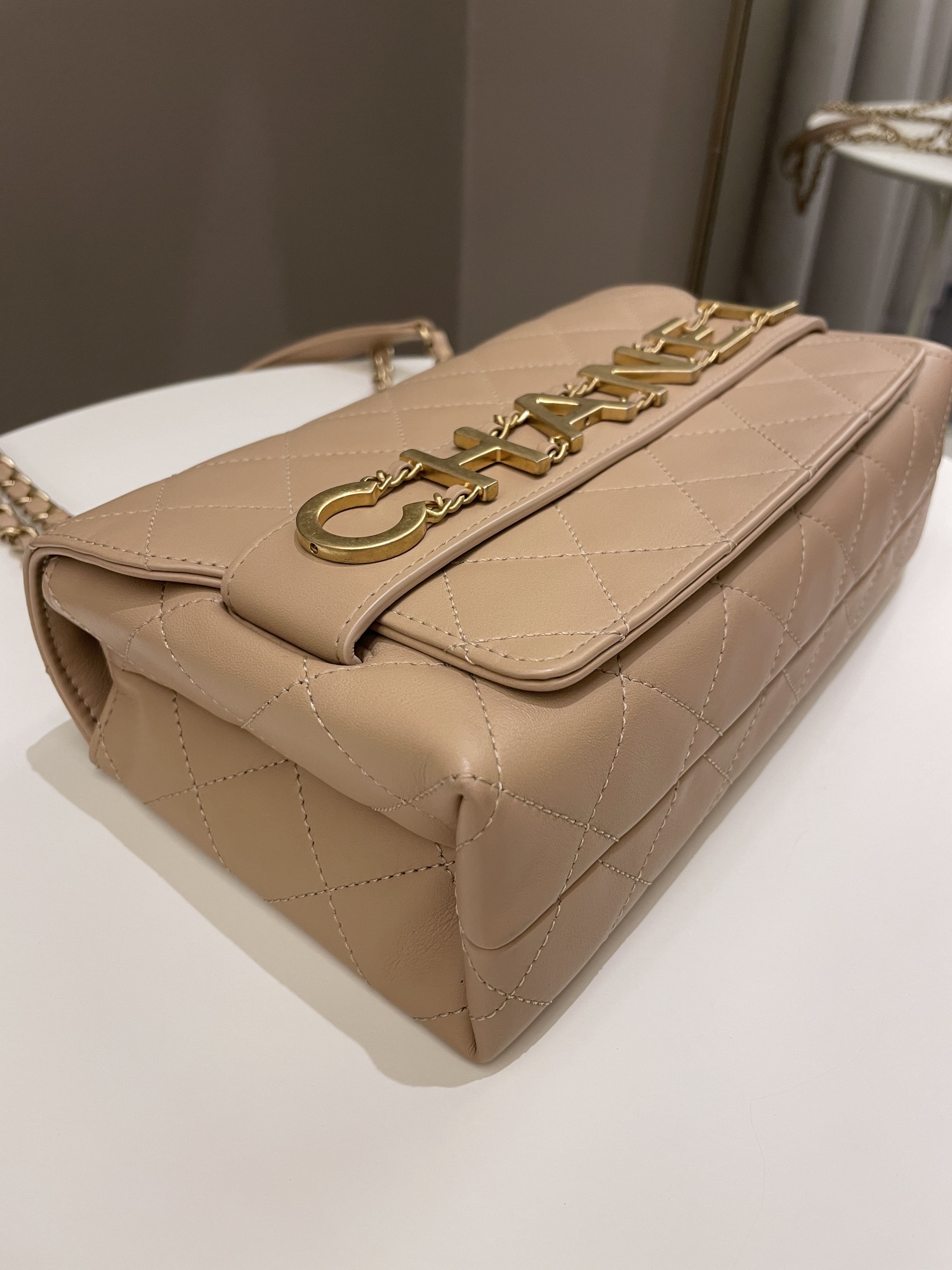 Chanel C H A N E L Lettering Flap Dark Beige Calfskin