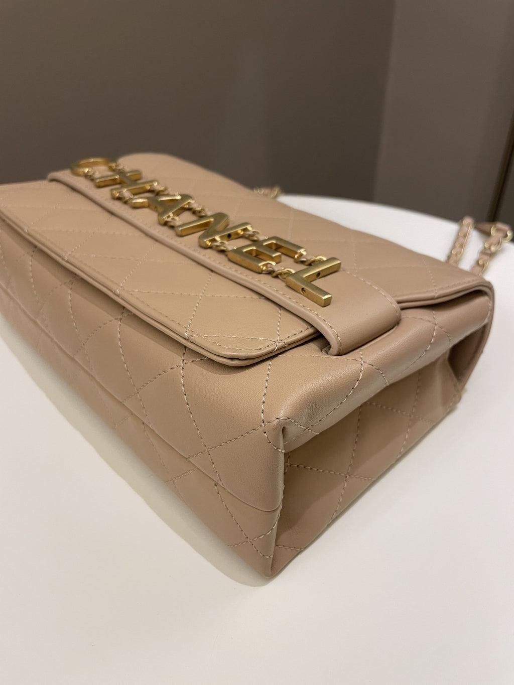 Chanel C H A N E L Lettering Flap Dark Beige Calfskin
