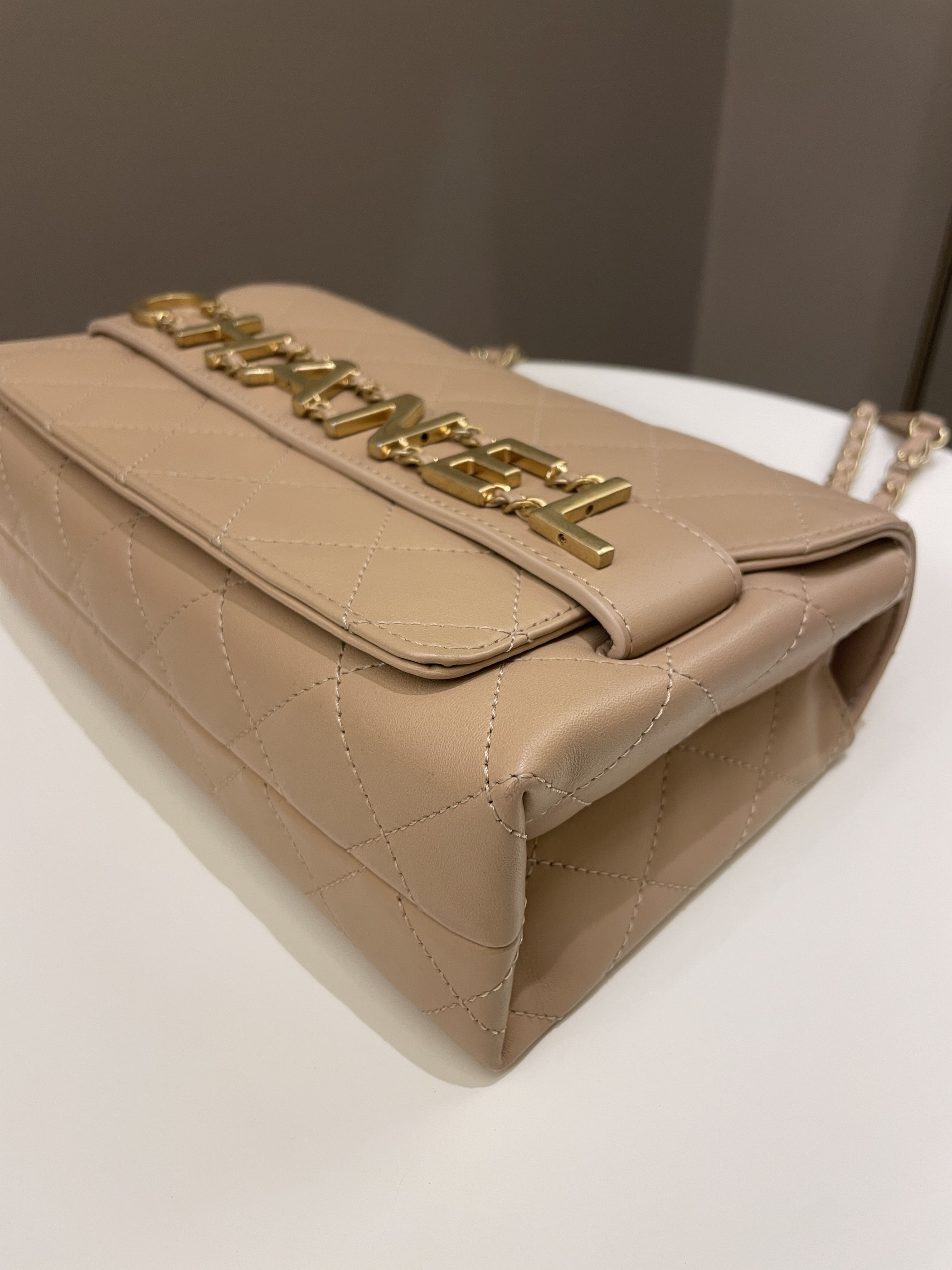 Chanel C H A N E L Lettering Flap Dark Beige Calfskin