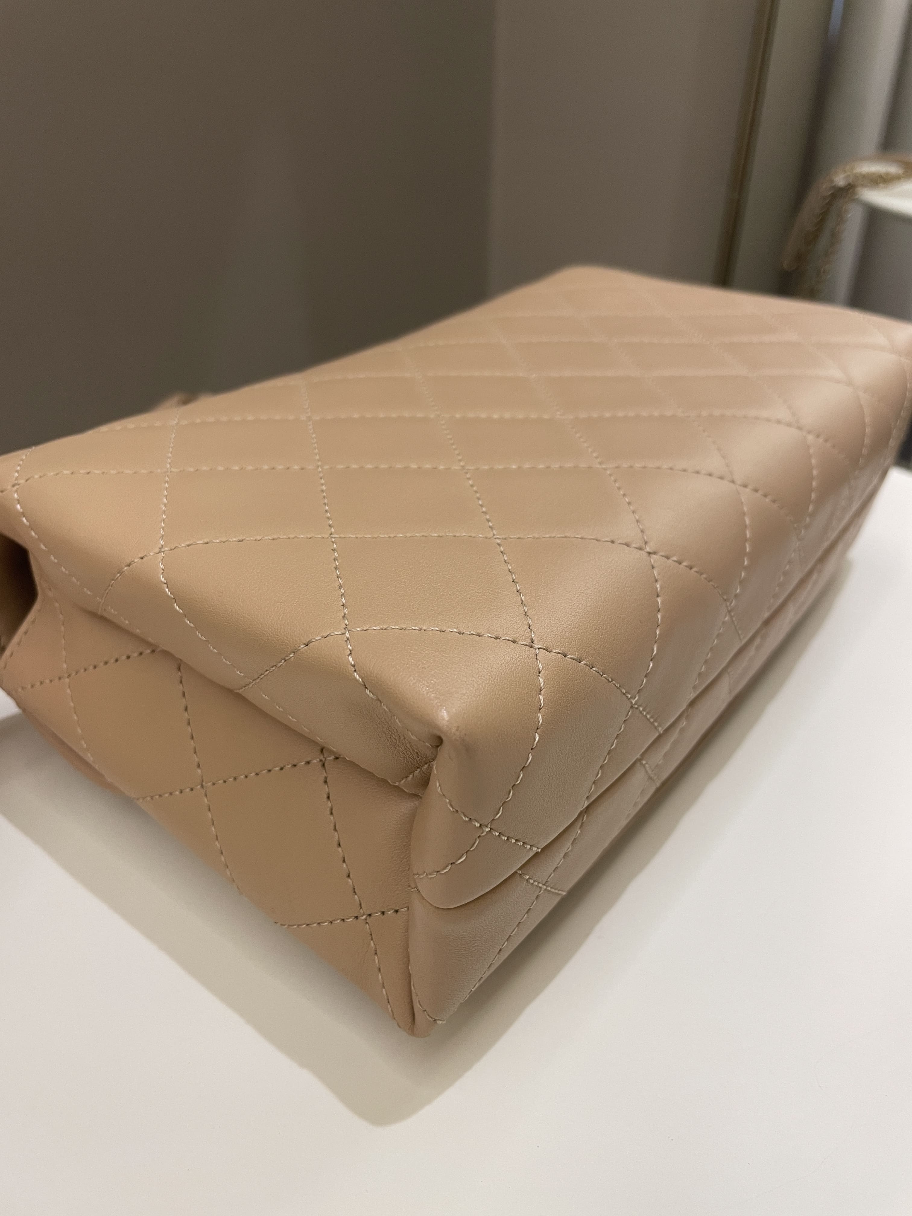 Chanel C H A N E L Lettering Flap Dark Beige Calfskin