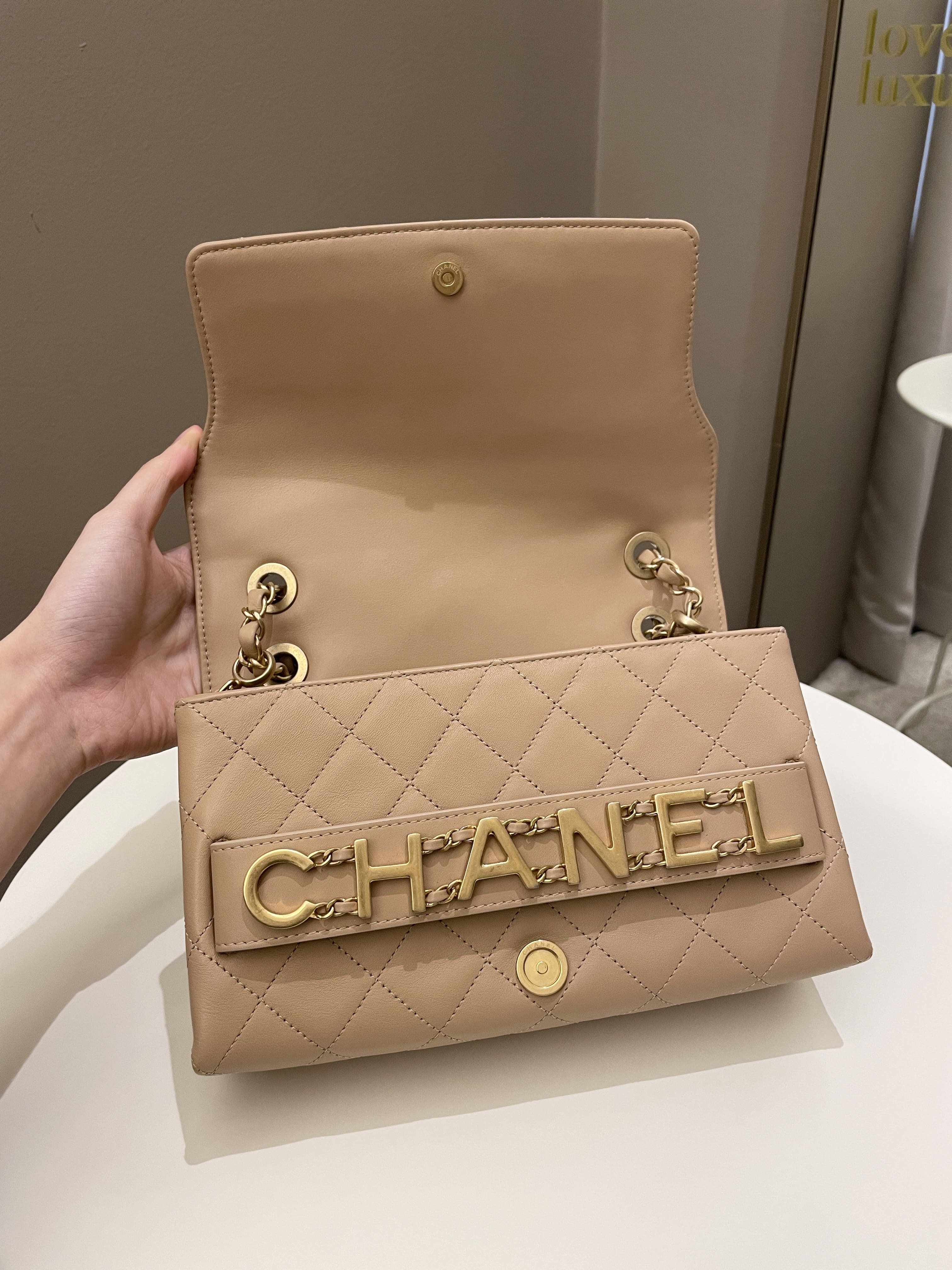 Chanel C H A N E L Lettering Flap Dark Beige Calfskin