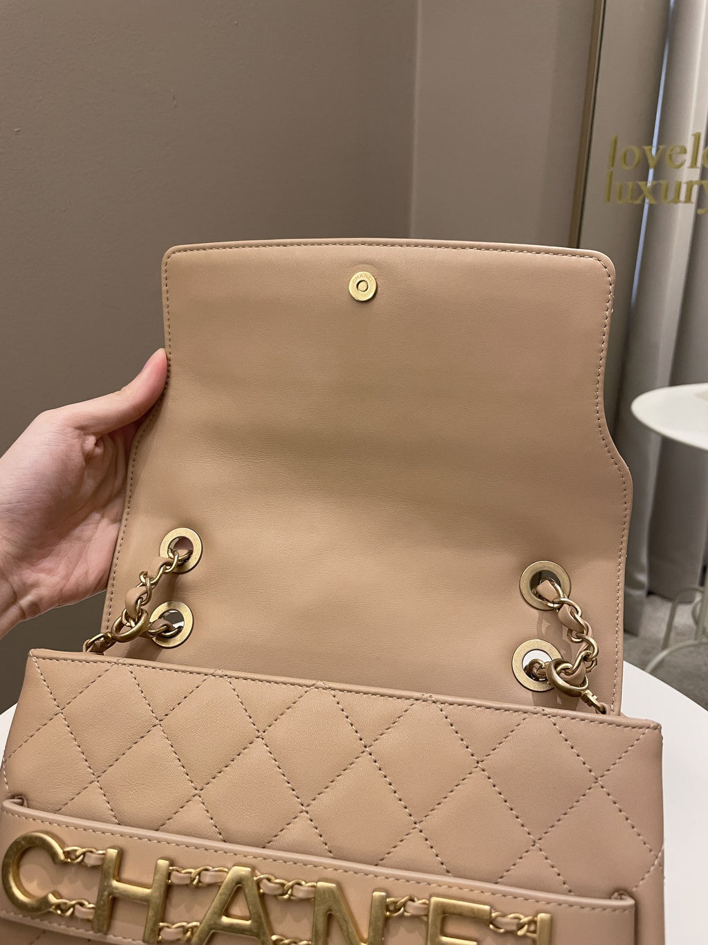 Chanel C H A N E L Lettering Flap Dark Beige Calfskin