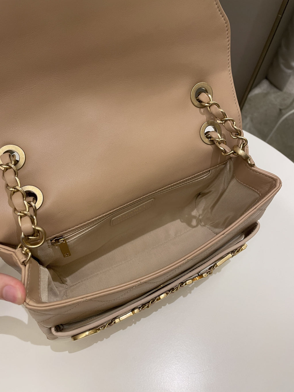 Chanel C H A N E L Lettering Flap Dark Beige Calfskin