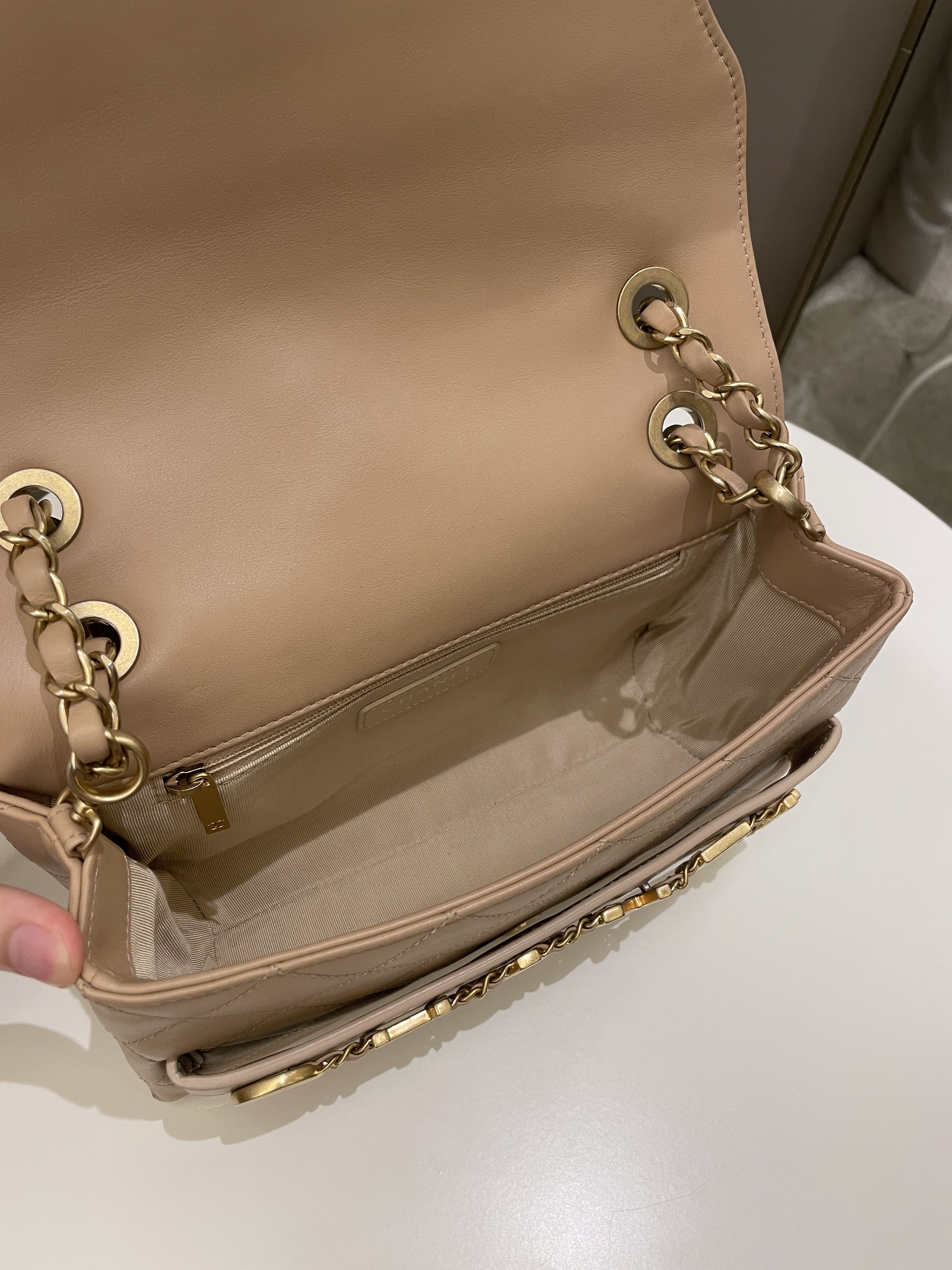 Chanel C H A N E L Lettering Flap Dark Beige Calfskin
