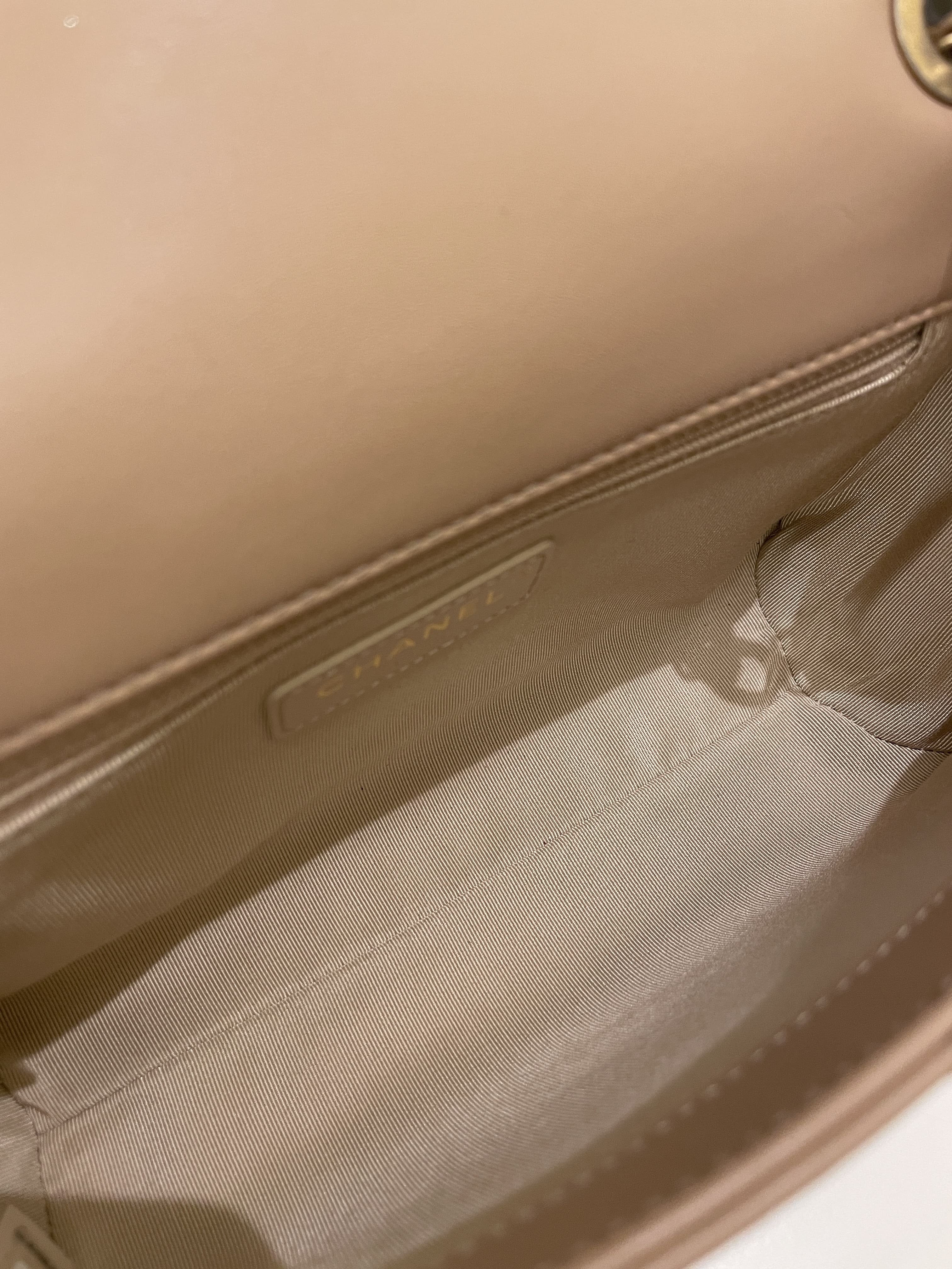 Chanel C H A N E L Lettering Flap Dark Beige Calfskin