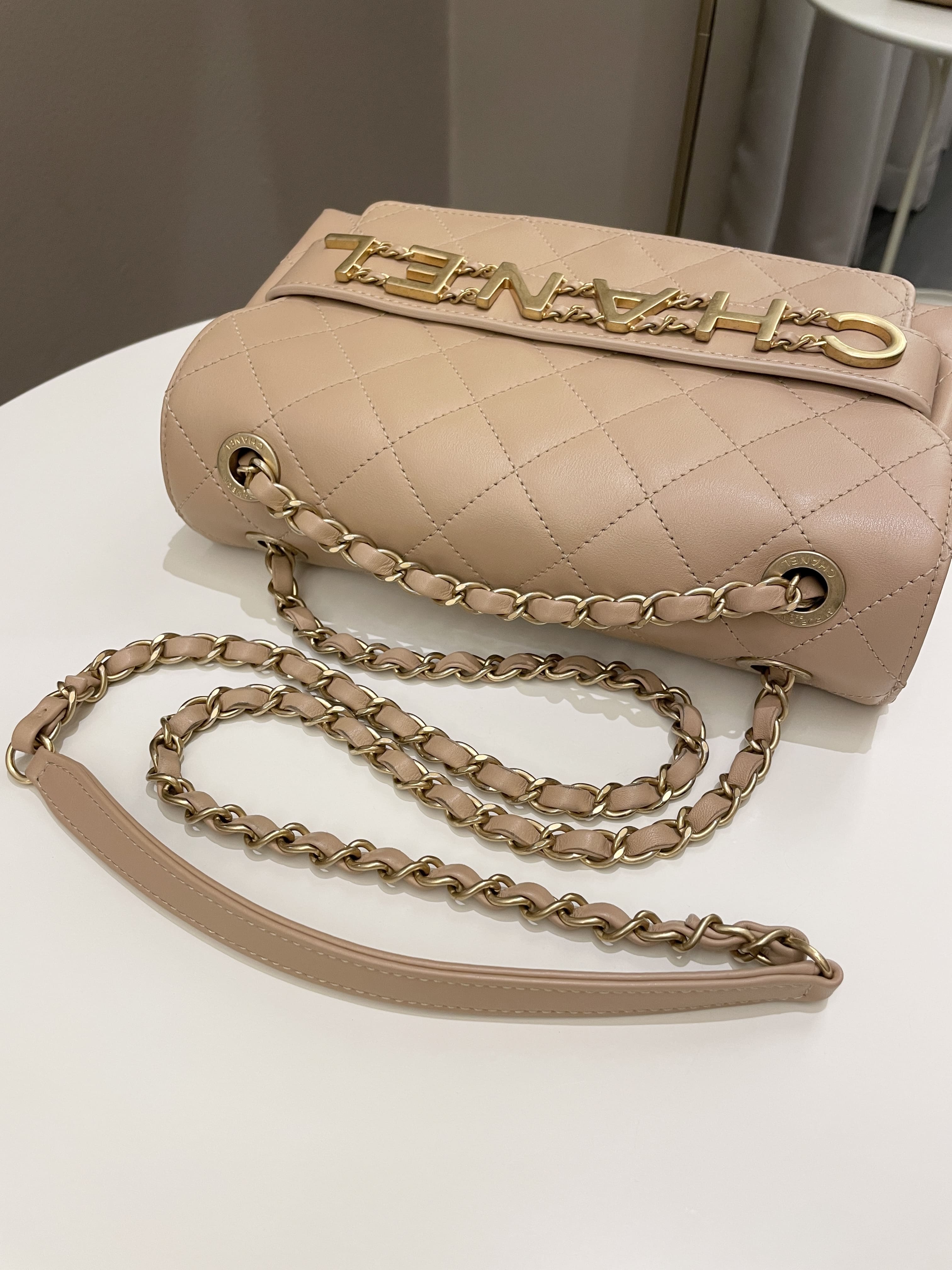 Chanel C H A N E L Lettering Flap Dark Beige Calfskin