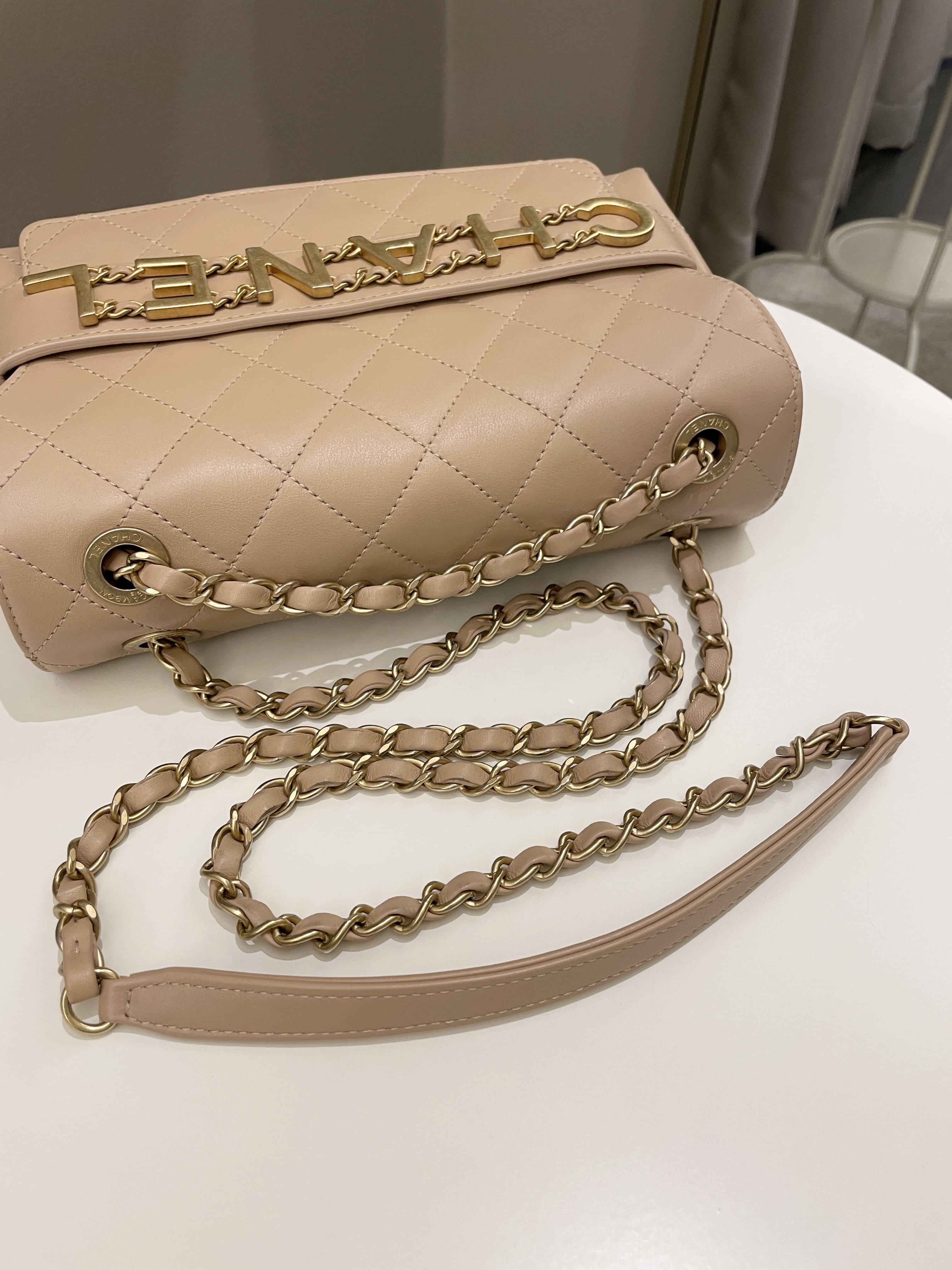 Chanel C H A N E L Lettering Flap Dark Beige Calfskin