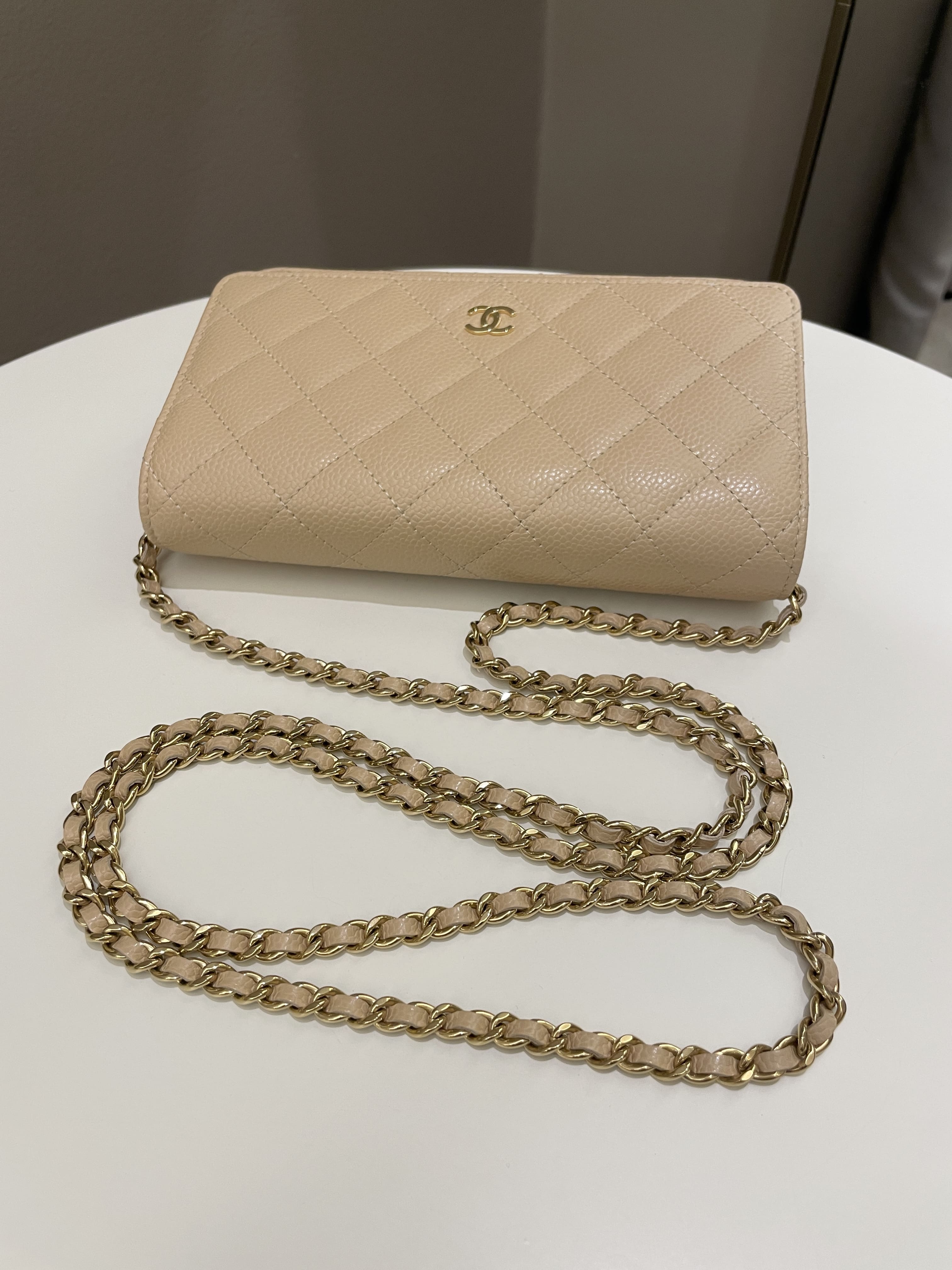 Chanel Classic Quilted Wallet on Chain Beige Caviar