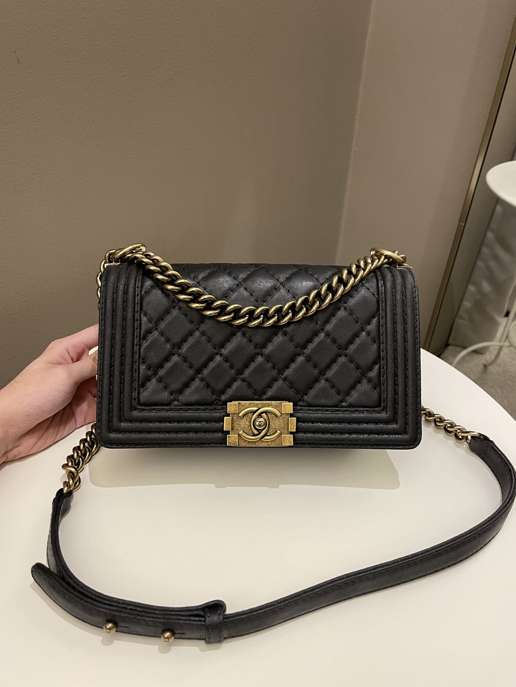 Chanel Quilted Stitch Boy Old Medium Black Calfskin