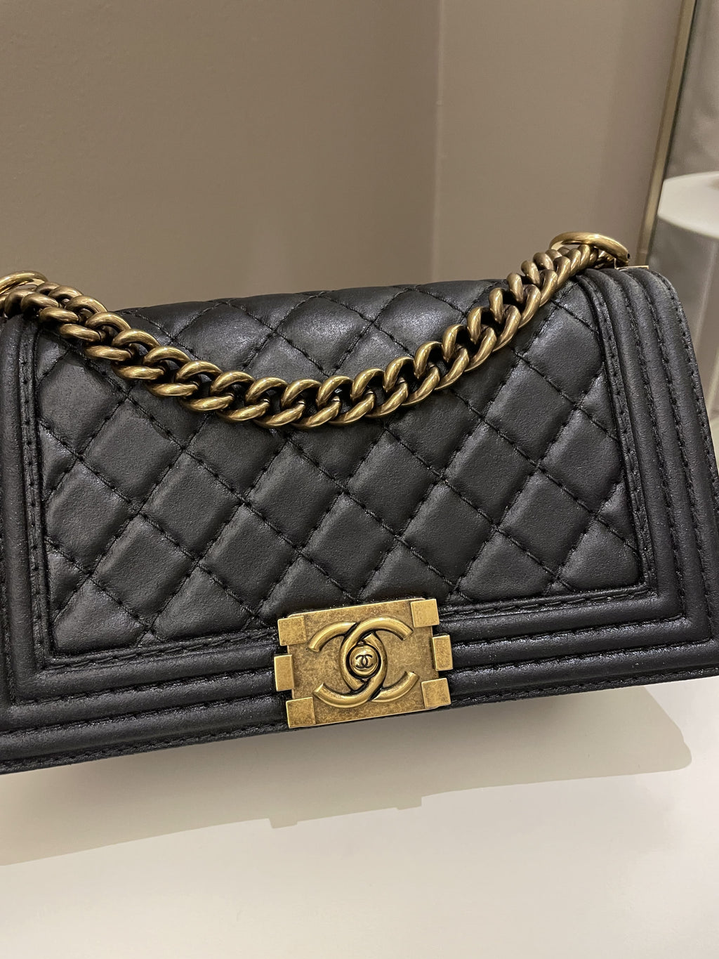 Chanel Quilted Stitch Boy Old Medium Black Calfskin