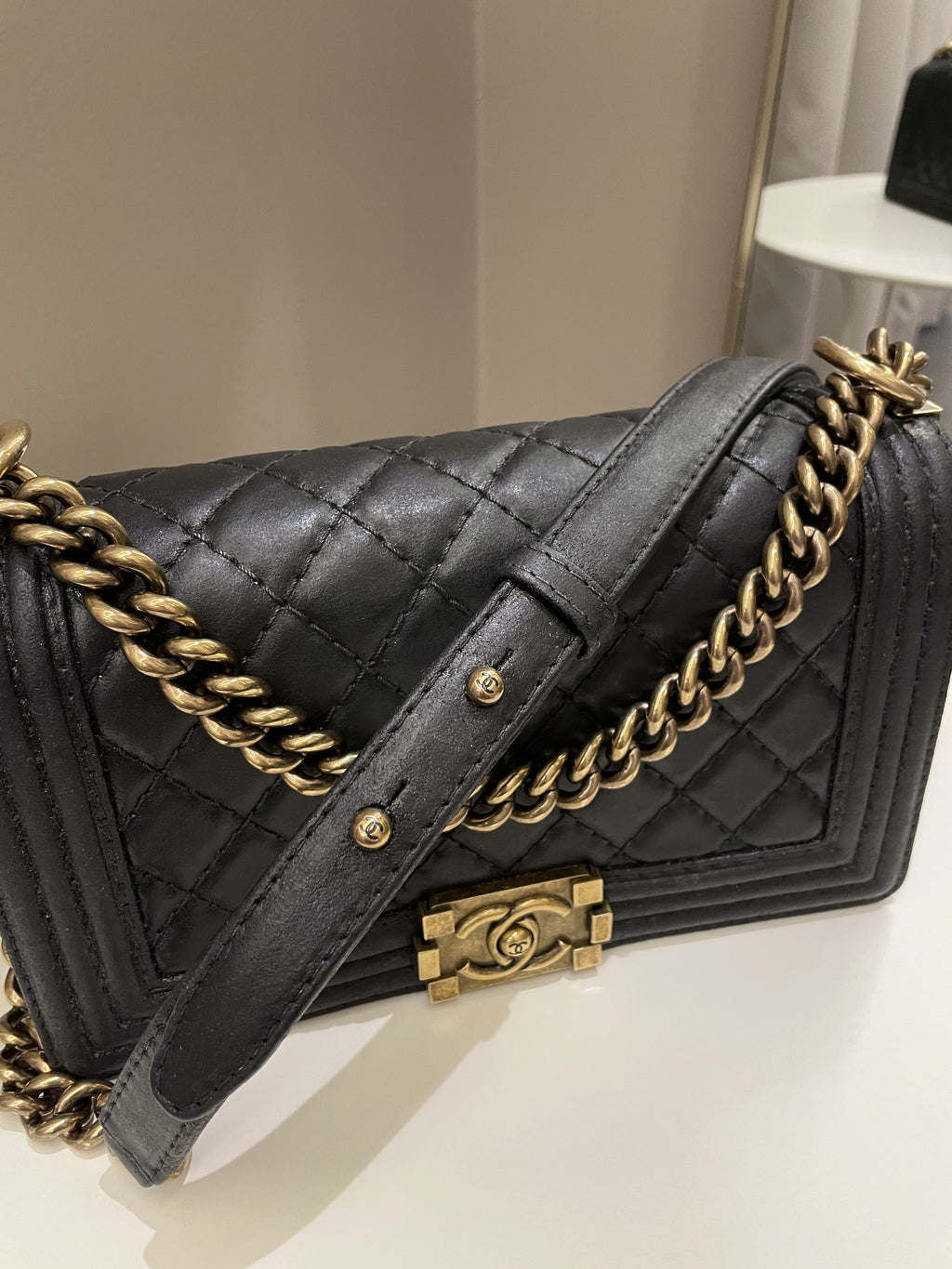 Chanel Quilted Stitch Boy Old Medium Black Calfskin