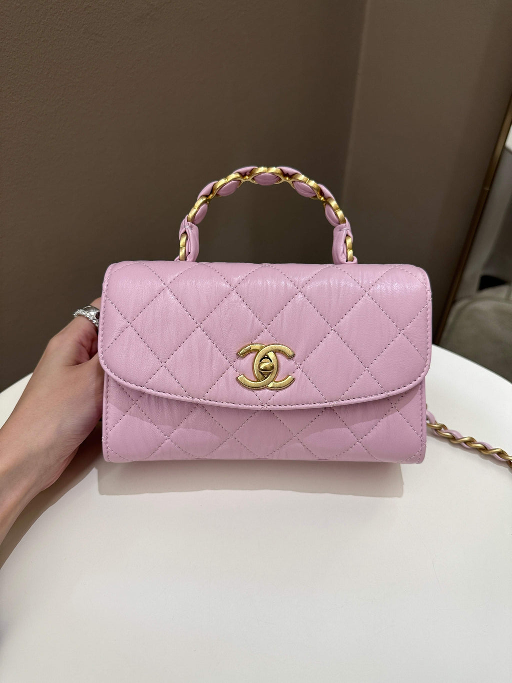 Chanel 21S Quilted Cc Wrapped Top Handle Mauve Pink Aged Calfskin