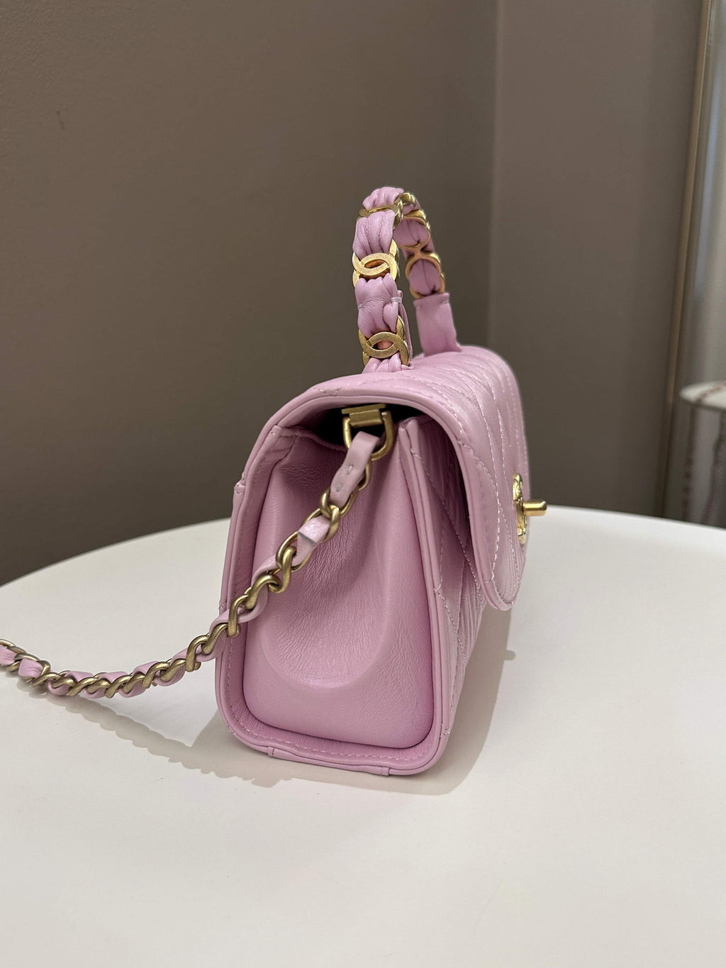 Chanel 21S Quilted Cc Wrapped Top Handle Mauve Pink Aged Calfskin