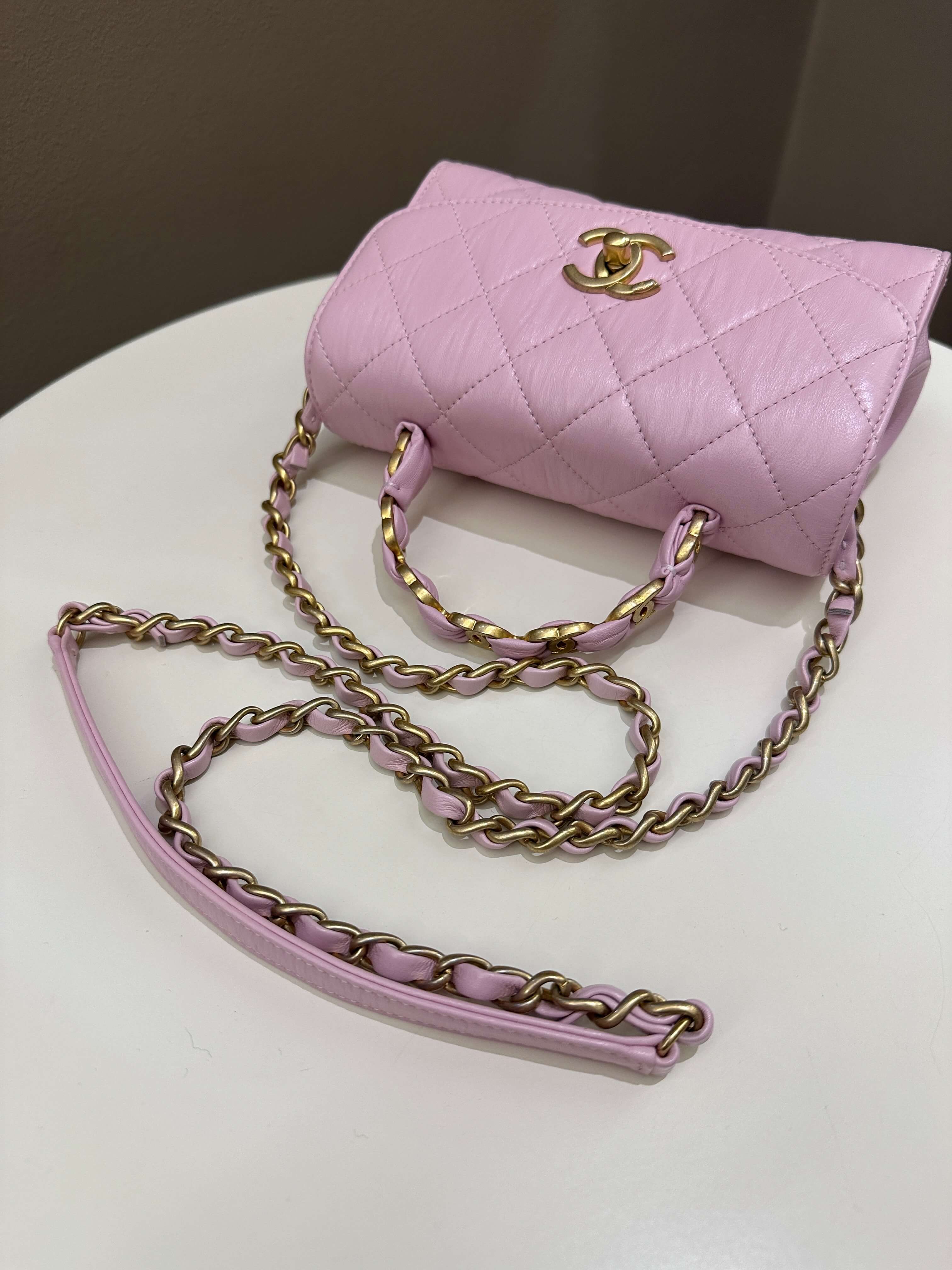 Chanel 21S Quilted Cc Wrapped Top Handle Mauve Pink Aged Calfskin