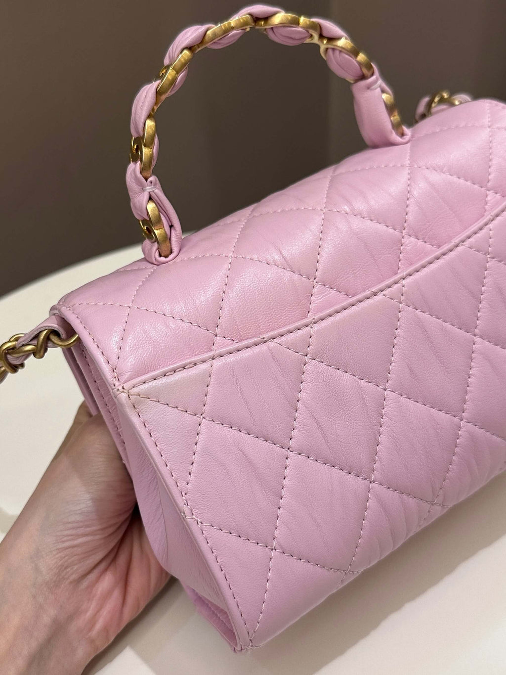 Chanel 21S Quilted Cc Wrapped Top Handle Mauve Pink Aged Calfskin
