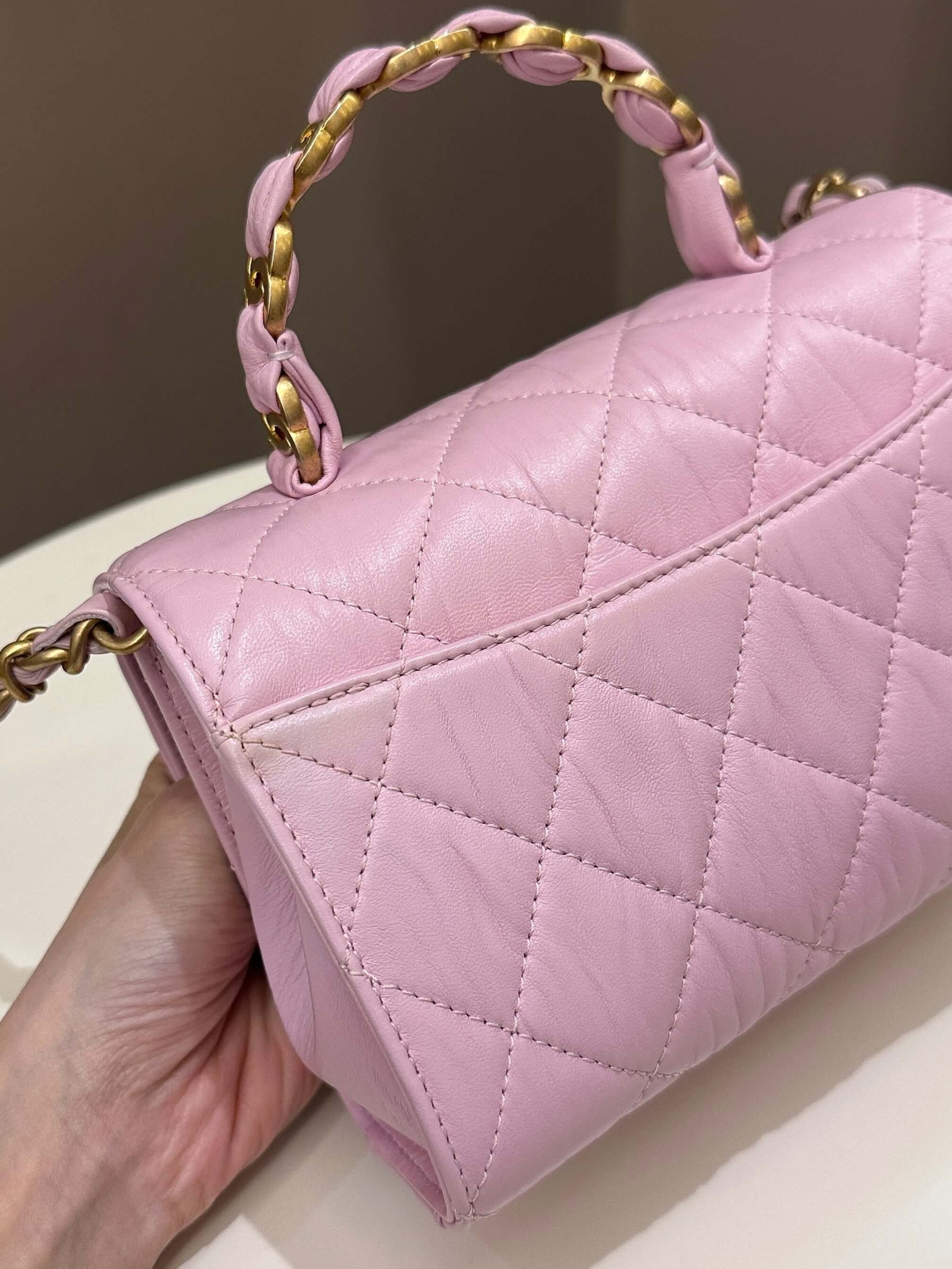 Chanel 21S Quilted Cc Wrapped Top Handle Mauve Pink Aged Calfskin