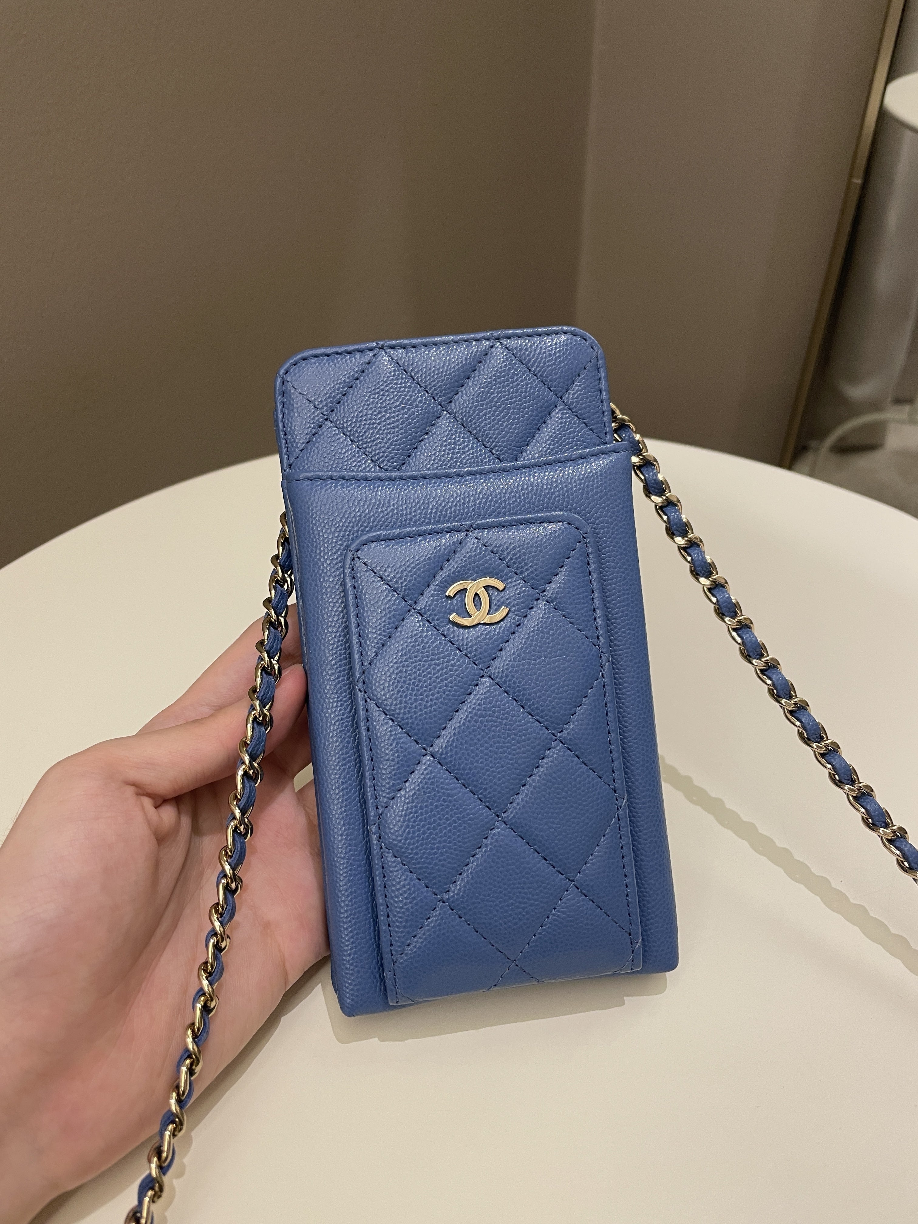 Chanel Quilted Phone Holder with Chain Paradise Blue Caviar