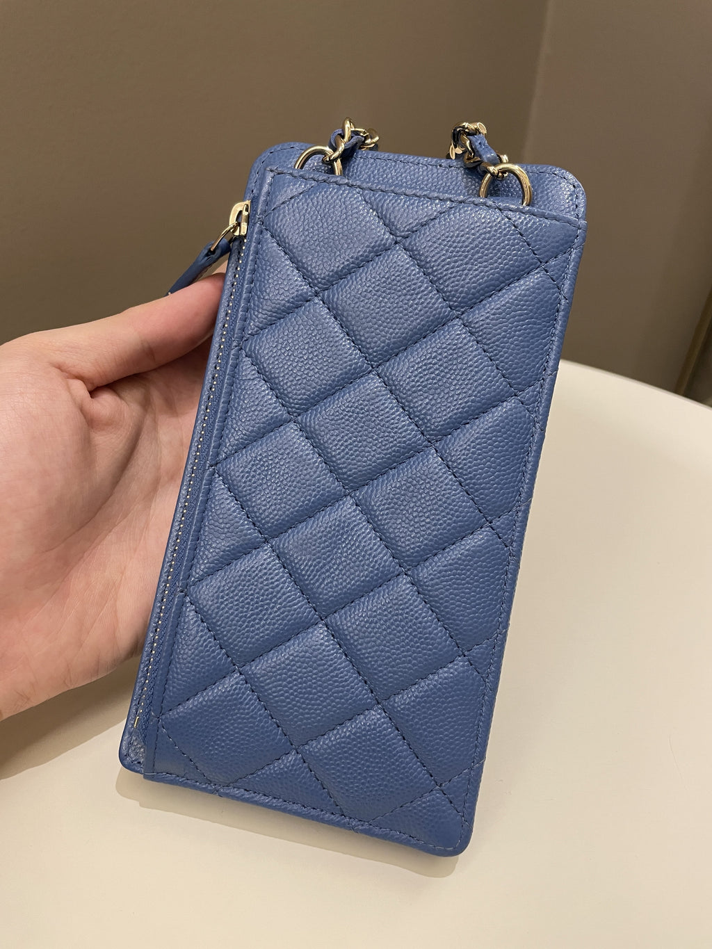Chanel Quilted Phone Holder with Chain Paradise Blue Caviar