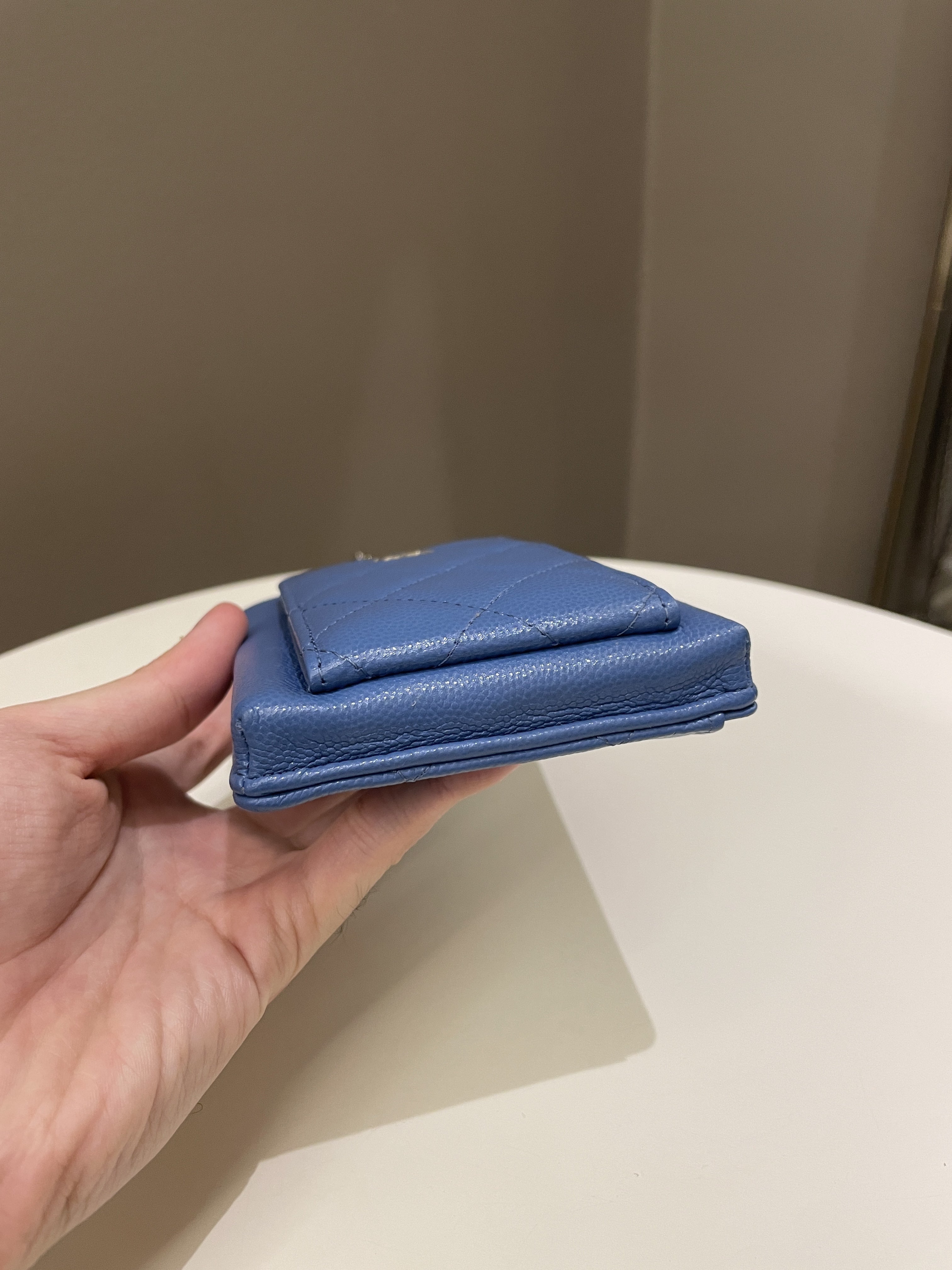 Chanel Quilted Phone Holder with Chain Paradise Blue Caviar