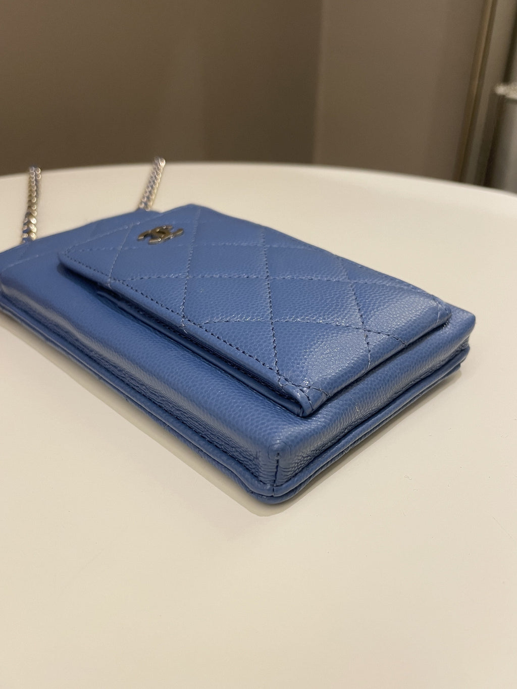 Chanel Quilted Phone Holder with Chain Paradise Blue Caviar