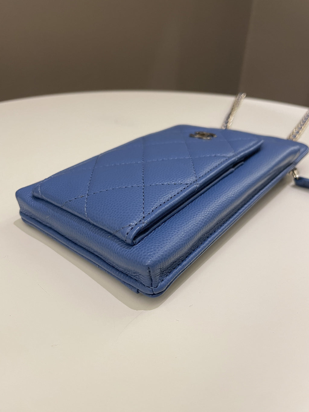 Chanel Quilted Phone Holder with Chain Paradise Blue Caviar