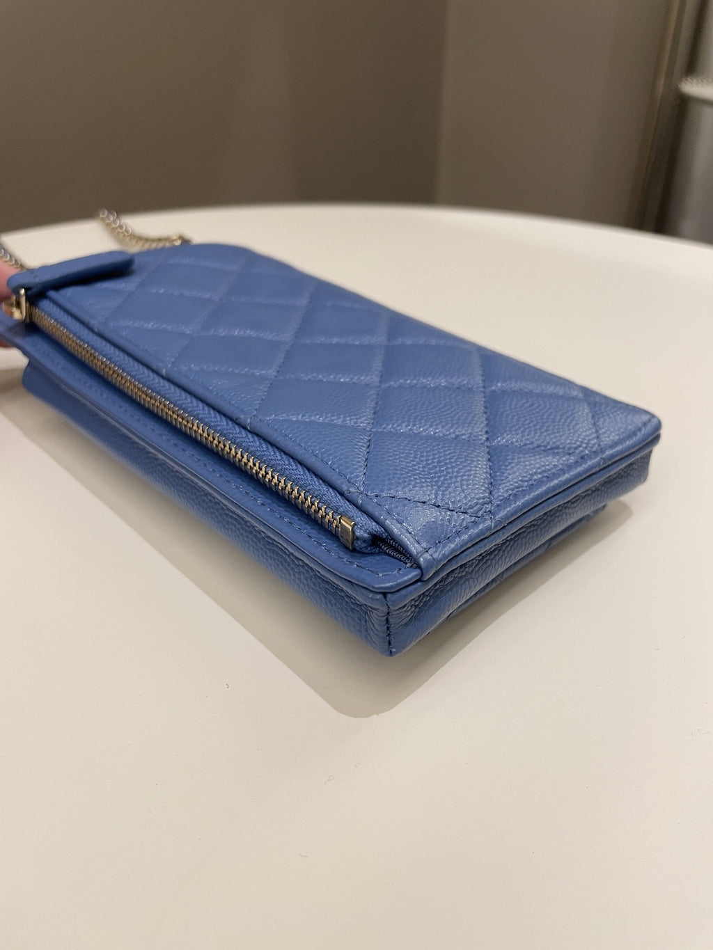 Chanel Quilted Phone Holder with Chain Paradise Blue Caviar