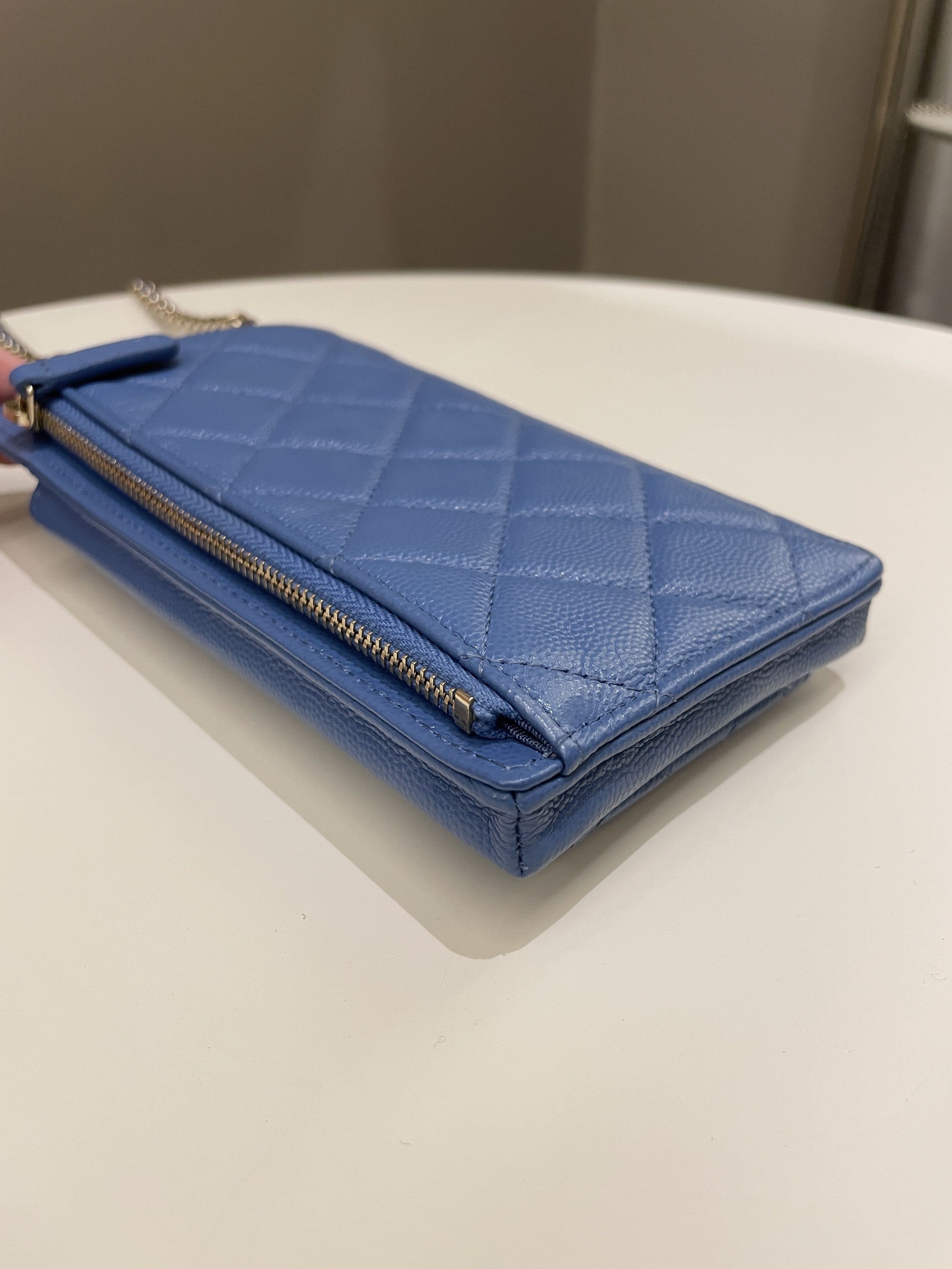 Chanel Quilted Phone Holder with Chain Paradise Blue Caviar