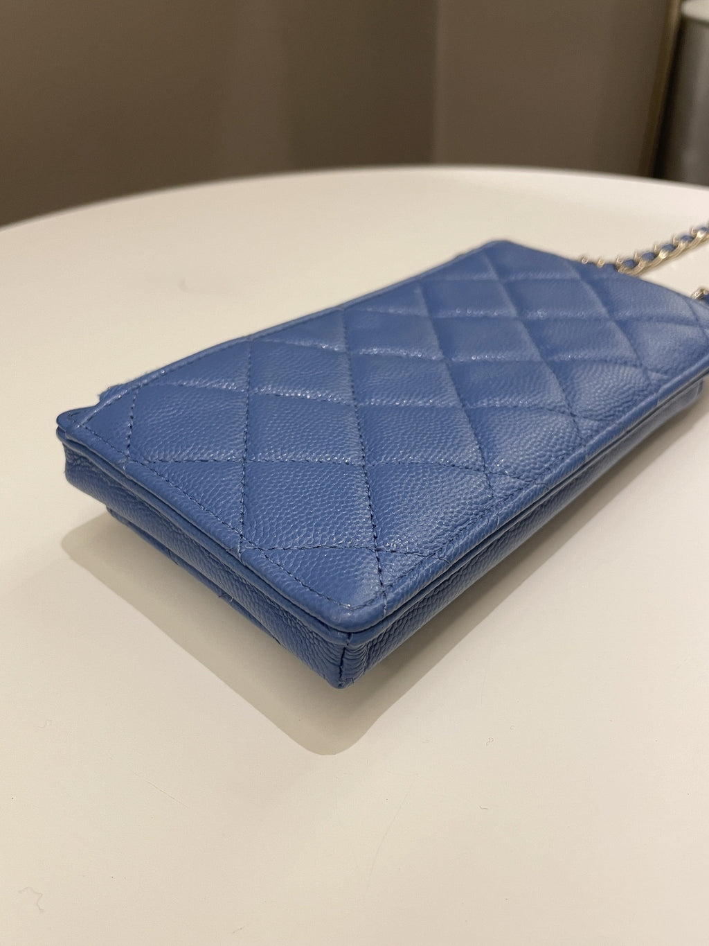 Chanel Quilted Phone Holder with Chain Paradise Blue Caviar