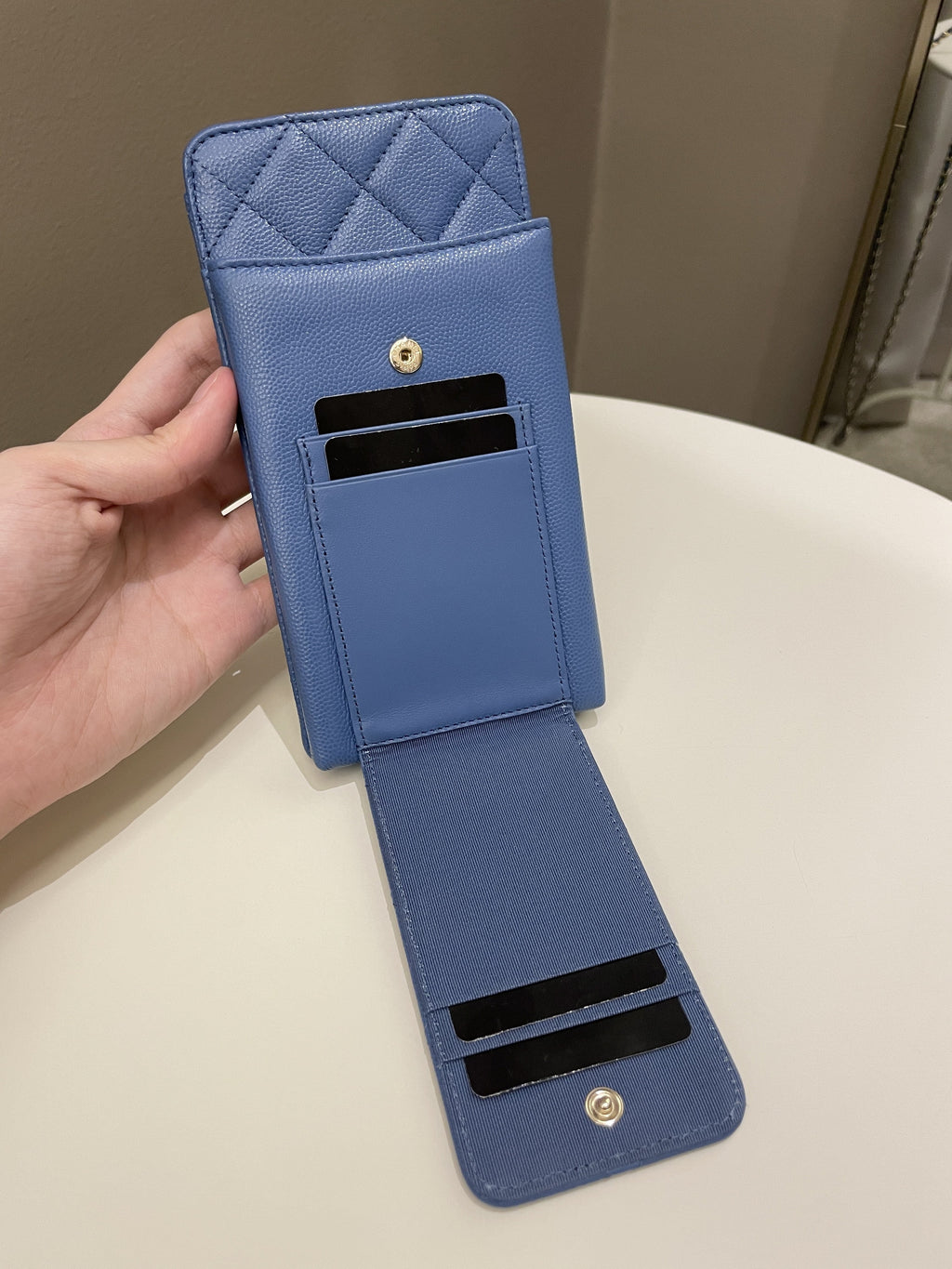 Chanel Quilted Phone Holder with Chain Paradise Blue Caviar