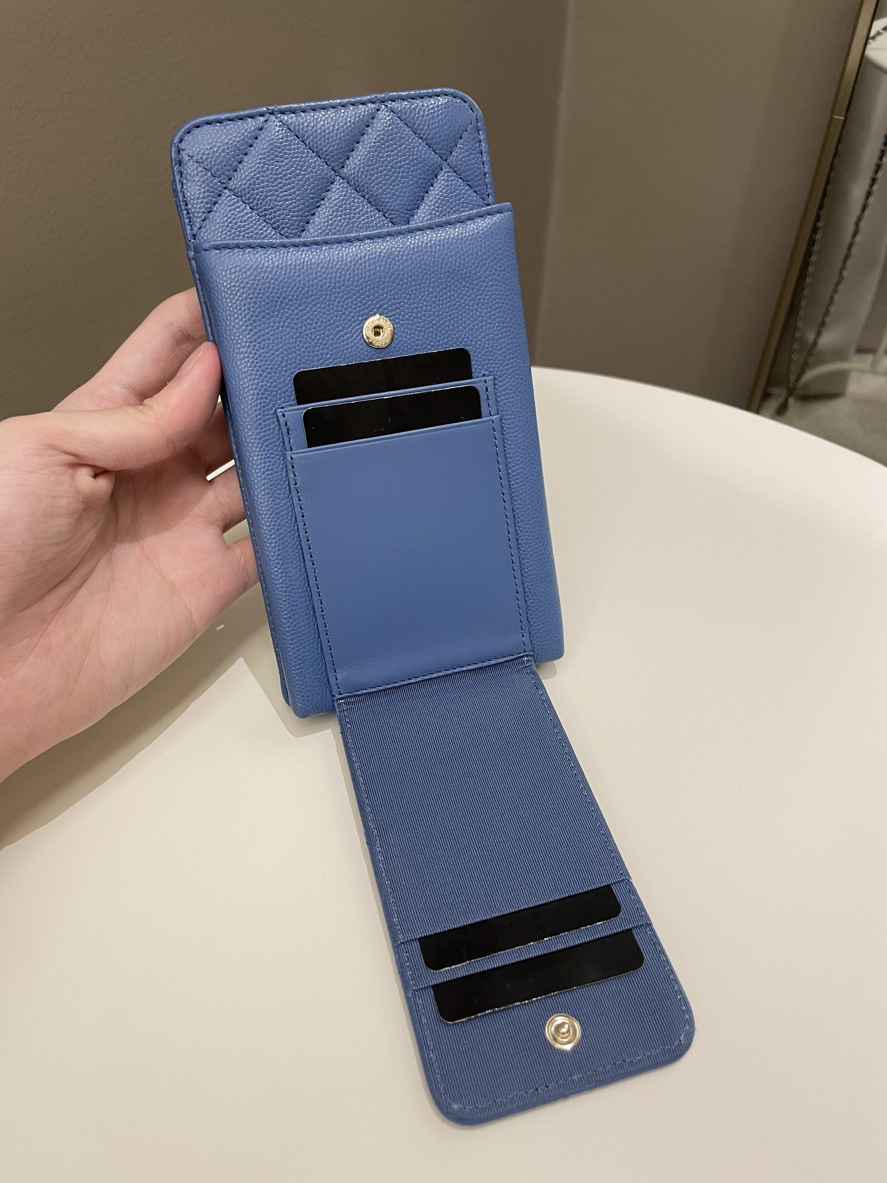 Chanel Quilted Phone Holder with Chain Paradise Blue Caviar